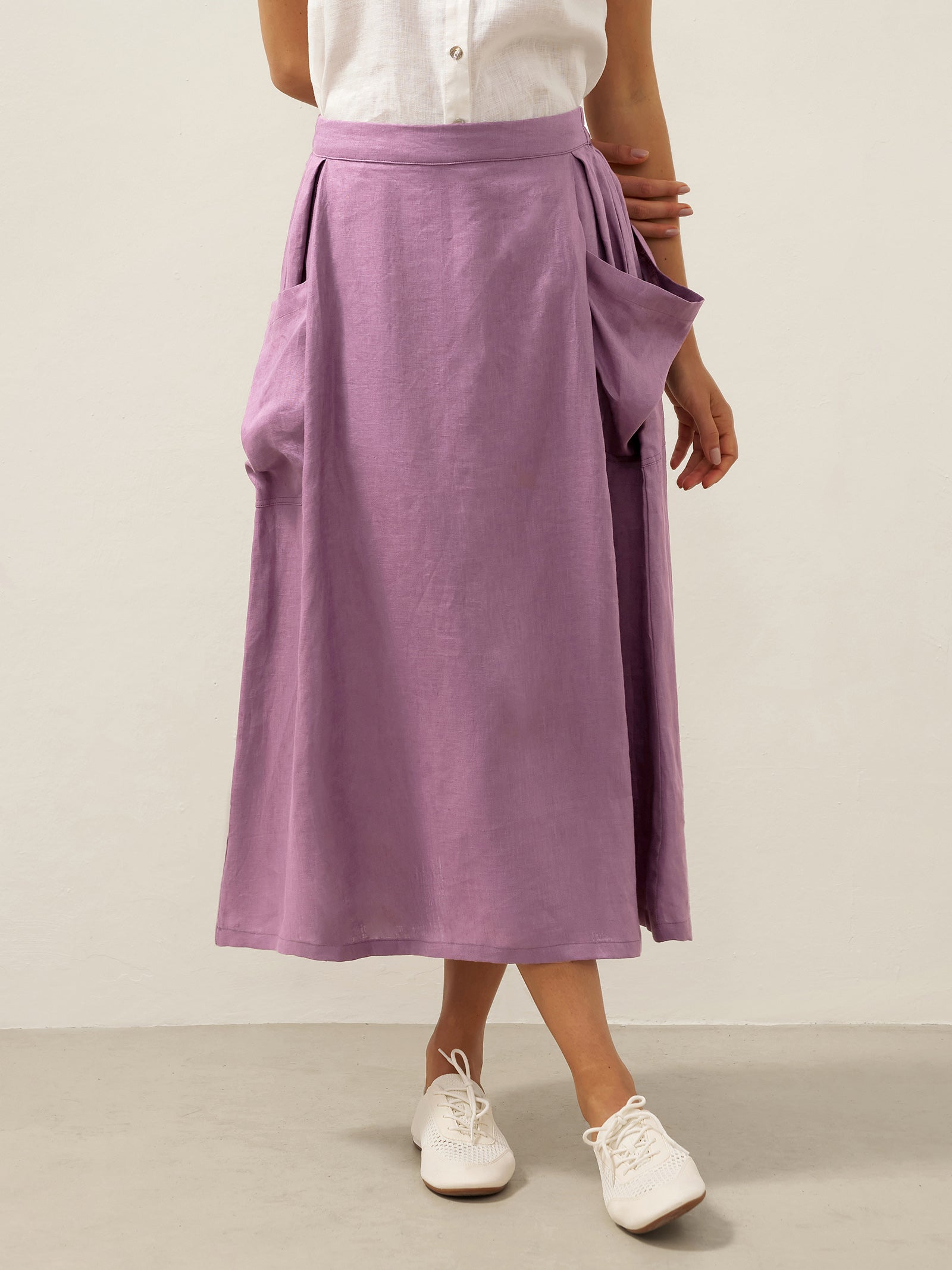 LINTICO Linen Checked Elastic Waist Skirt MARINA — fabric or material detail