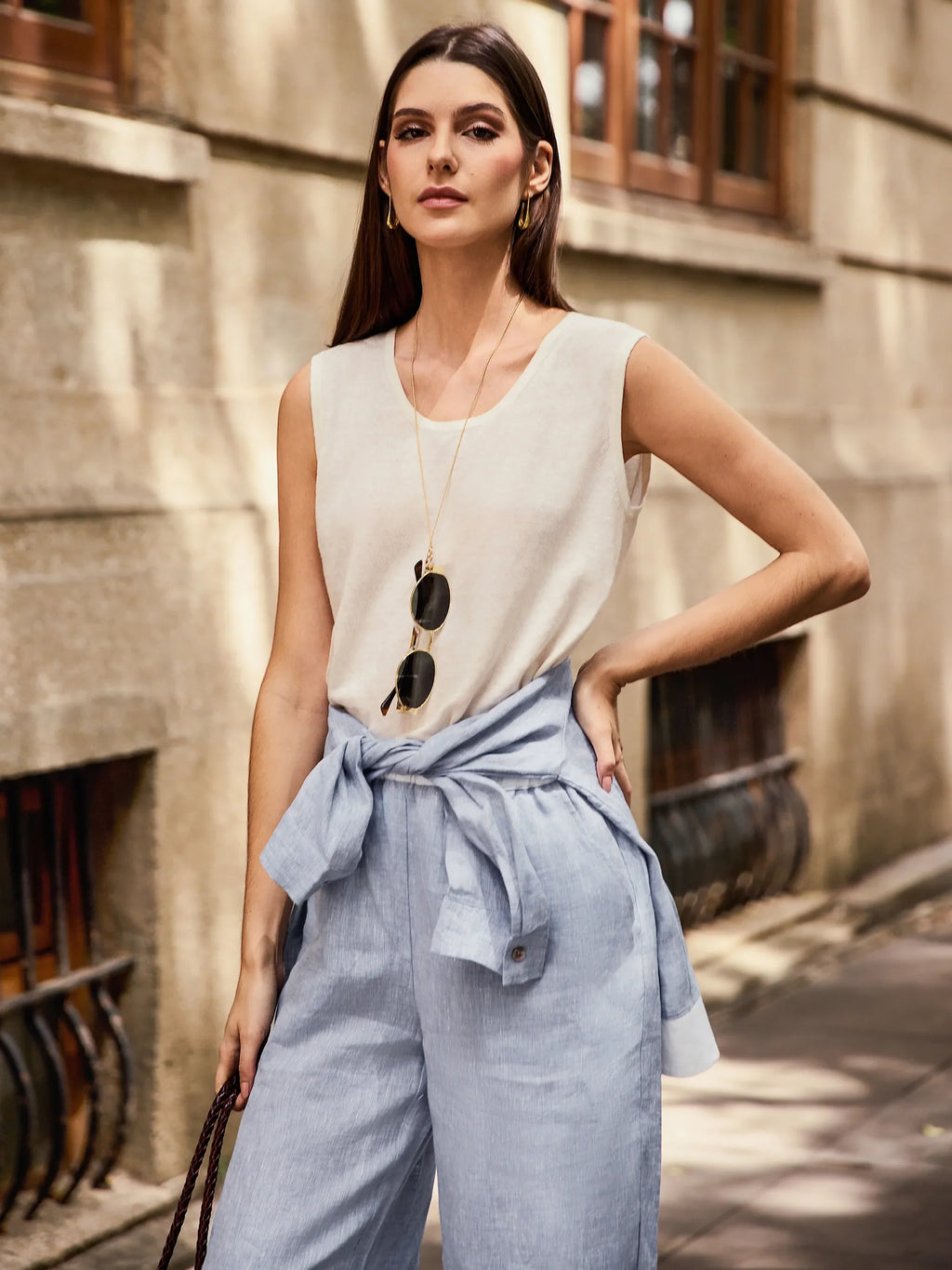 LINTICO 100% Linen Elastic Waist Straight-Leg Trousers JOURDAN — bottoms-pants-linen category context