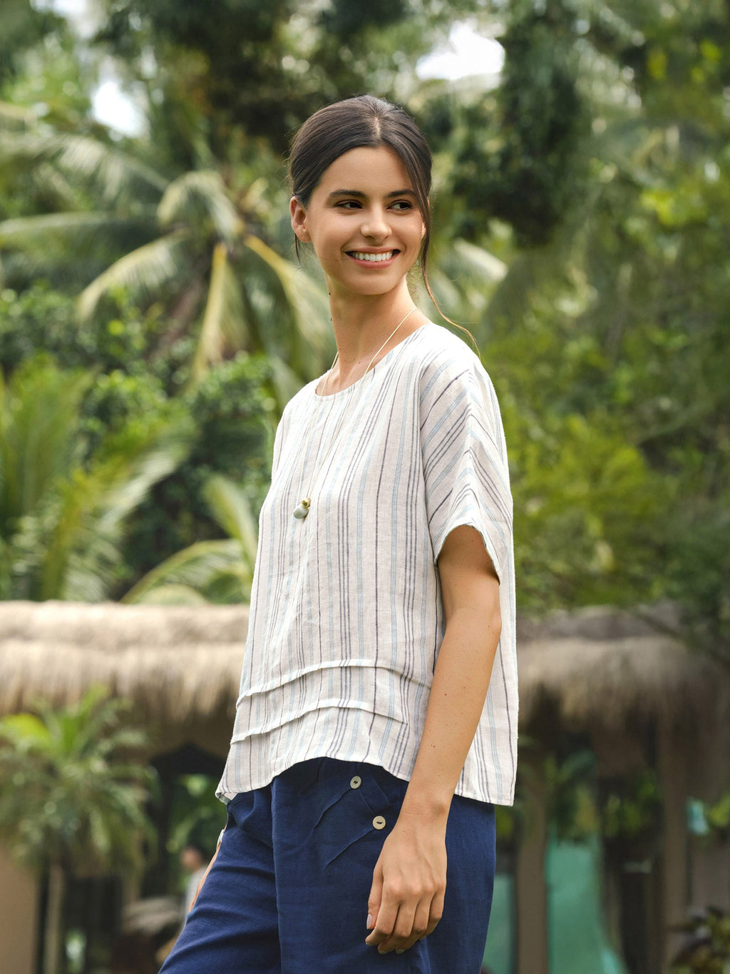 LINTICO LINTICO 100% Linen Pleated Striped Pullover Top VIA — construction detail