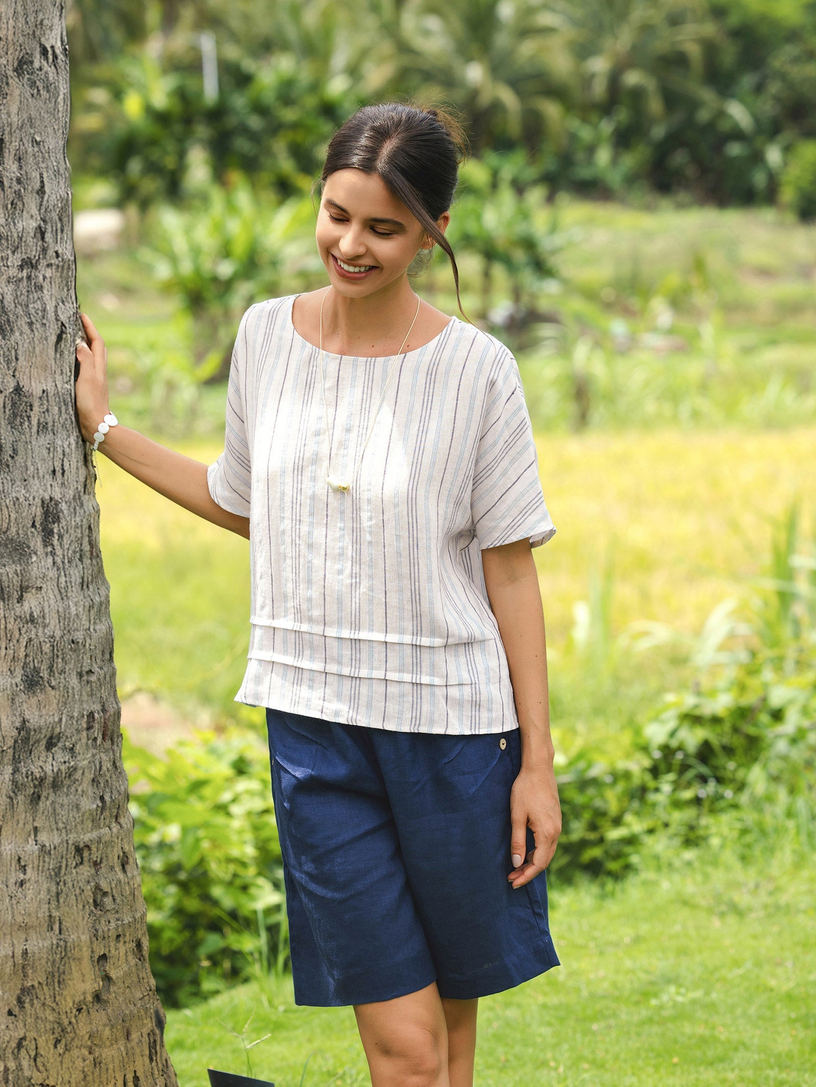 LINTICO LINTICO 100% Linen Pleated Striped Pullover Top VIA — tops-blouses-linen category context