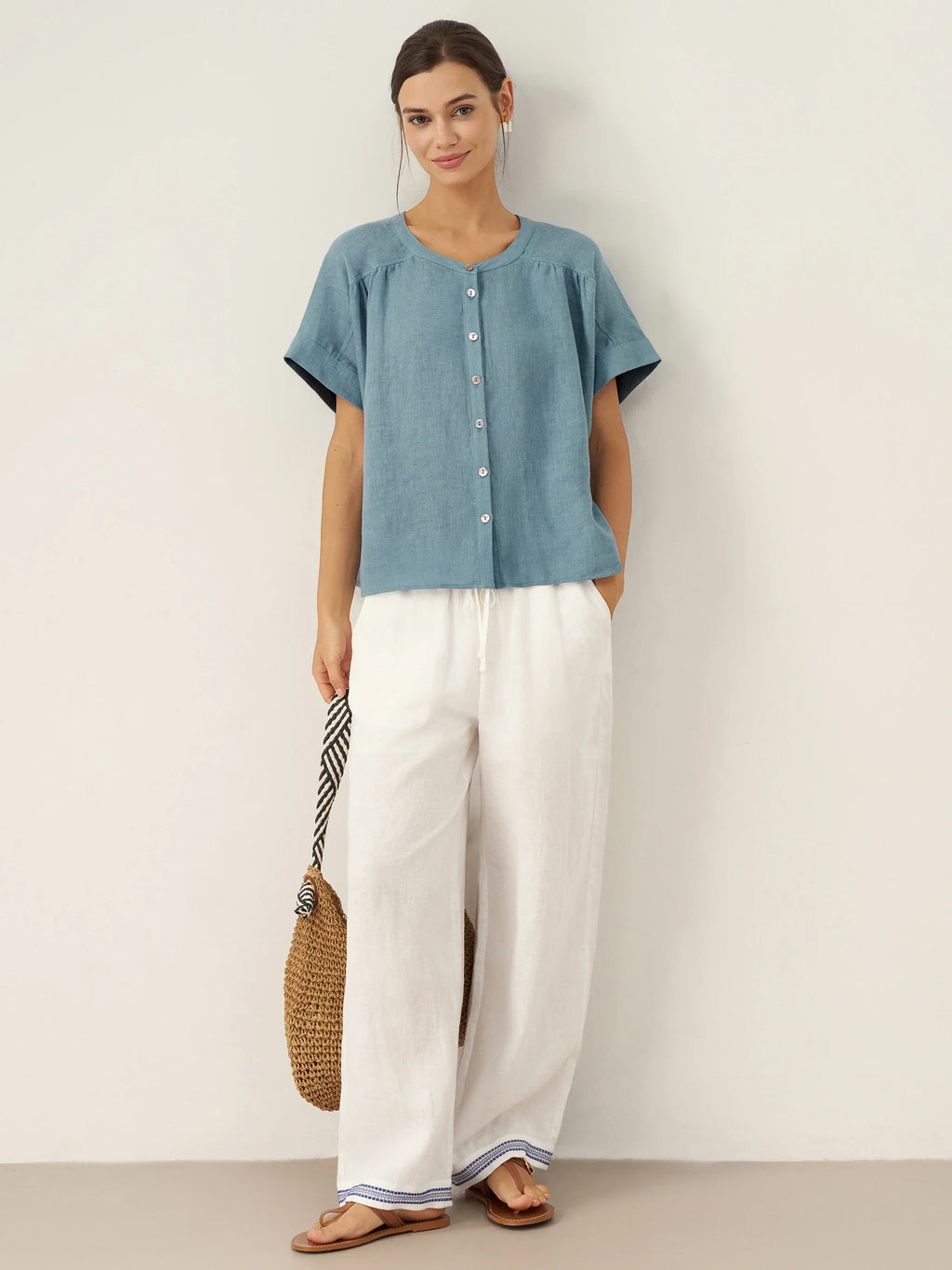 LINTICO LINTICO 100% Linen Embroidered Elastic Waist Pants FENE — detail shot 7