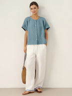 LINTICO LINTICO 100% Linen Embroidered Elastic Waist Pants FENE — detail shot 7