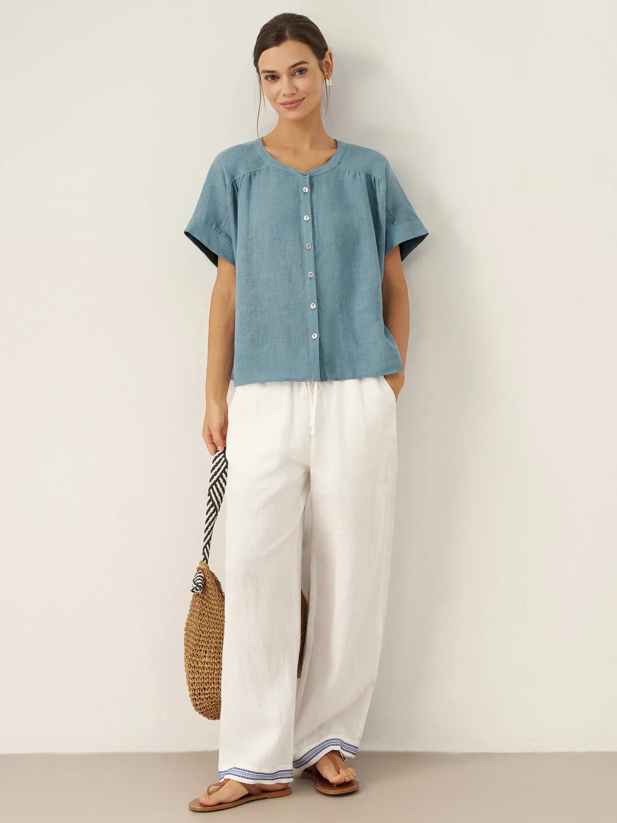 LINTICO LINTICO 100% Linen Embroidered Elastic Waist Pants FENE — detail shot 7