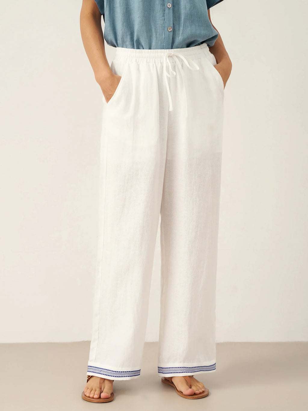 LINTICO LINTICO 100% Linen Embroidered Elastic Waist Pants FENE — main product shot