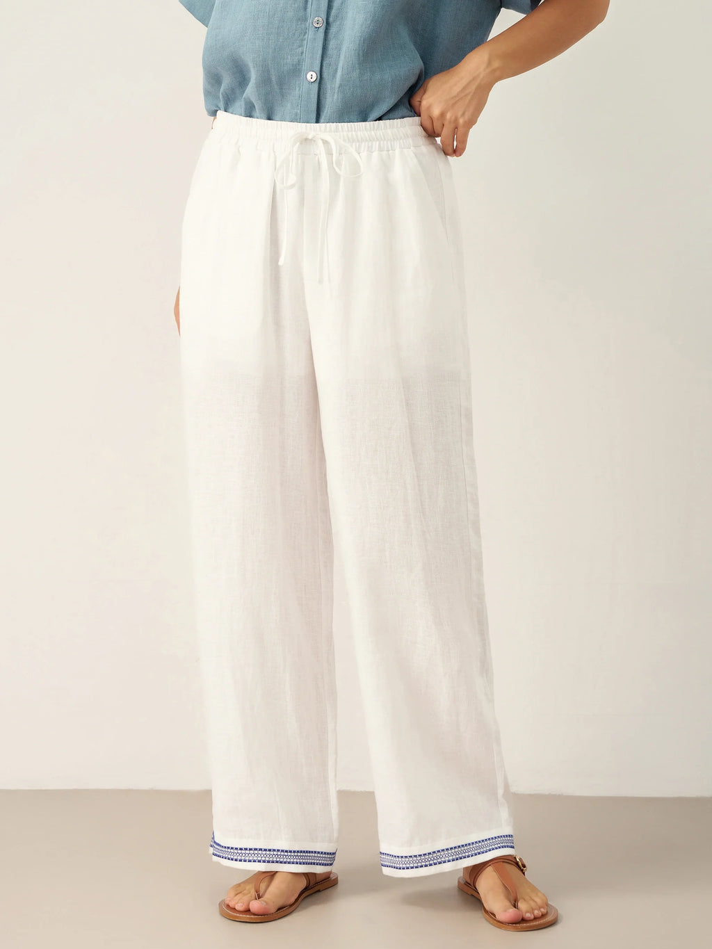 LINTICO LINTICO 100% Linen Embroidered Elastic Waist Pants FENE — lifestyle worn / used context