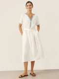 LINTICO 100% Linen Embroidered V-Neck Midi Dress with Belt FELLIS — main product shot