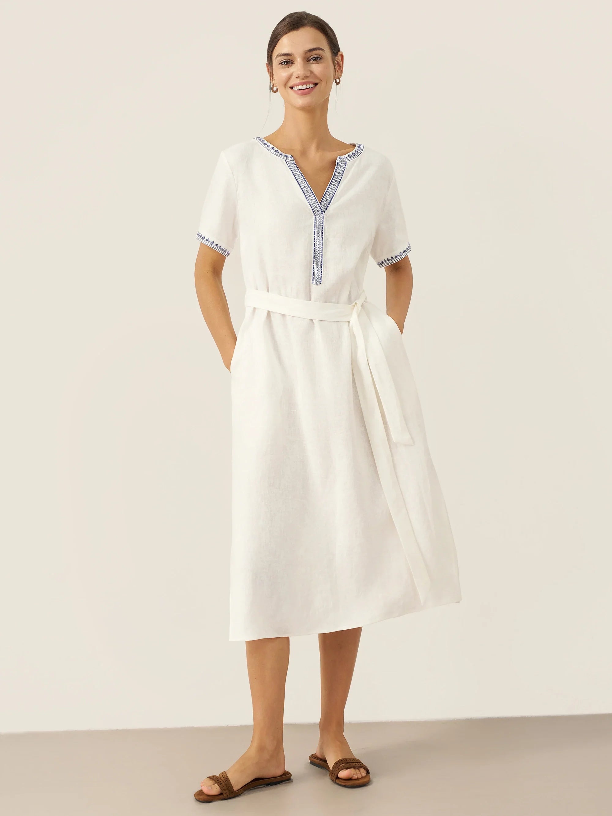 LINTICO 100% Linen Embroidered V-Neck Midi Dress with Belt FELLIS — main product shot