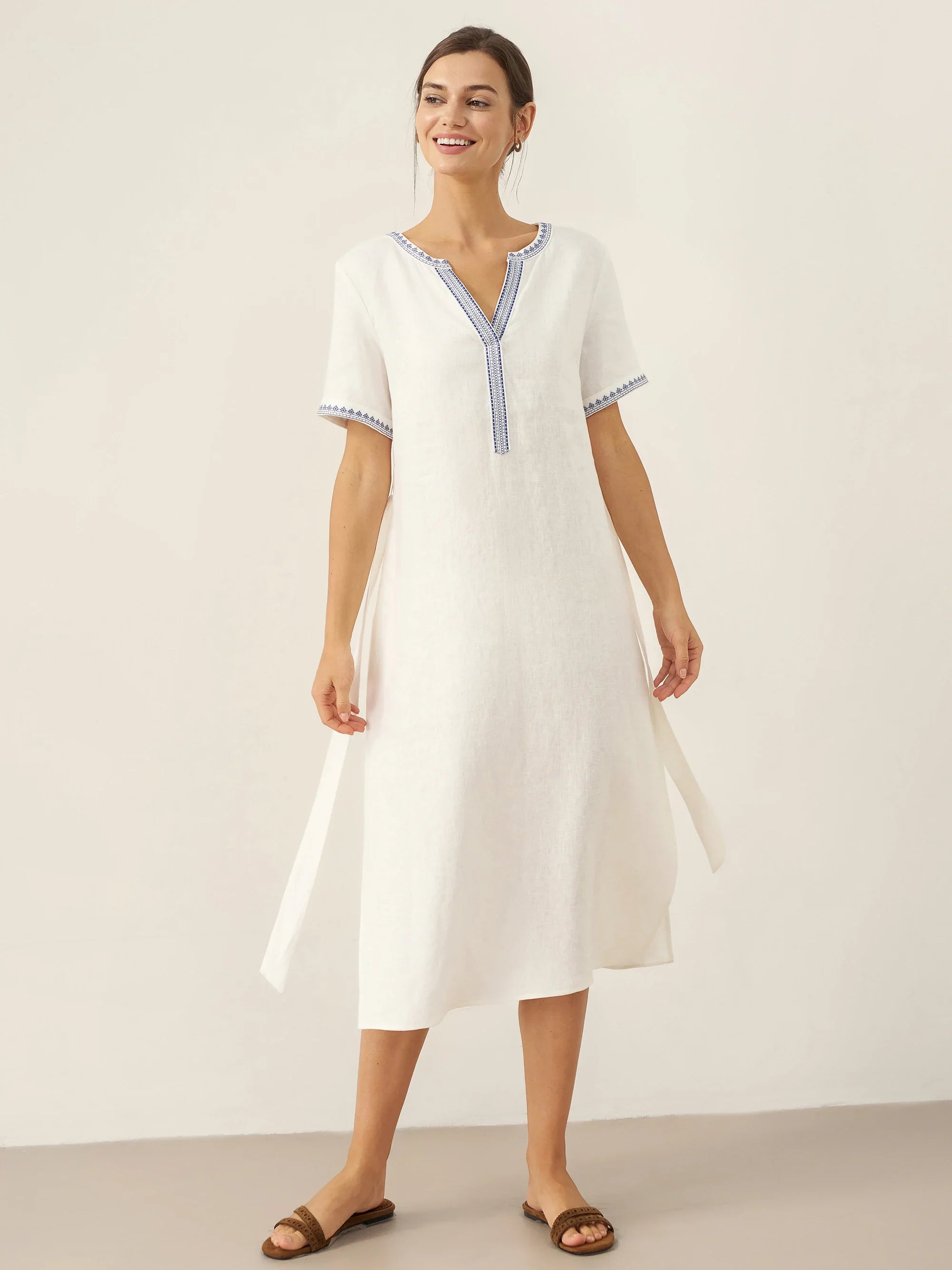 LINTICO 100% Linen Embroidered V-Neck Midi Dress with Belt FELLIS — detail shot 7