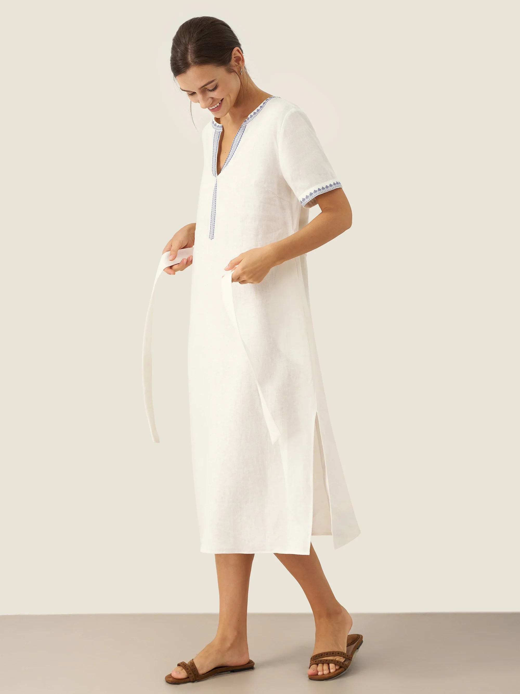 LINTICO 100% Linen Embroidered V-Neck Midi Dress with Belt FELLIS — LINTICO branding close-up