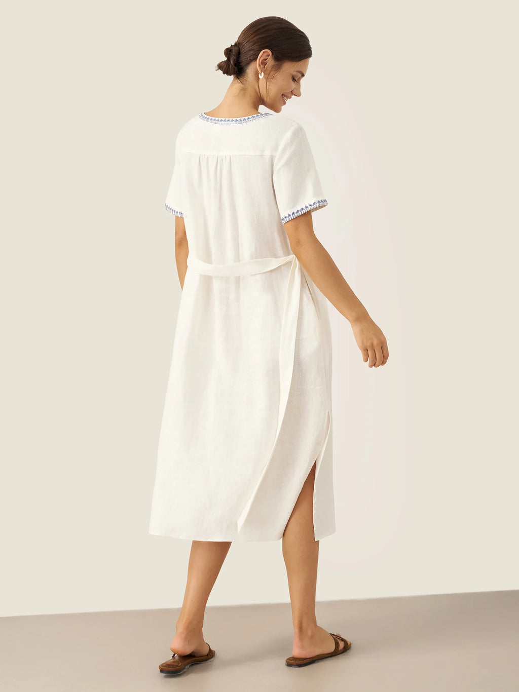 LINTICO 100% Linen Embroidered V-Neck Midi Dress with Belt FELLIS — lifestyle worn / used context