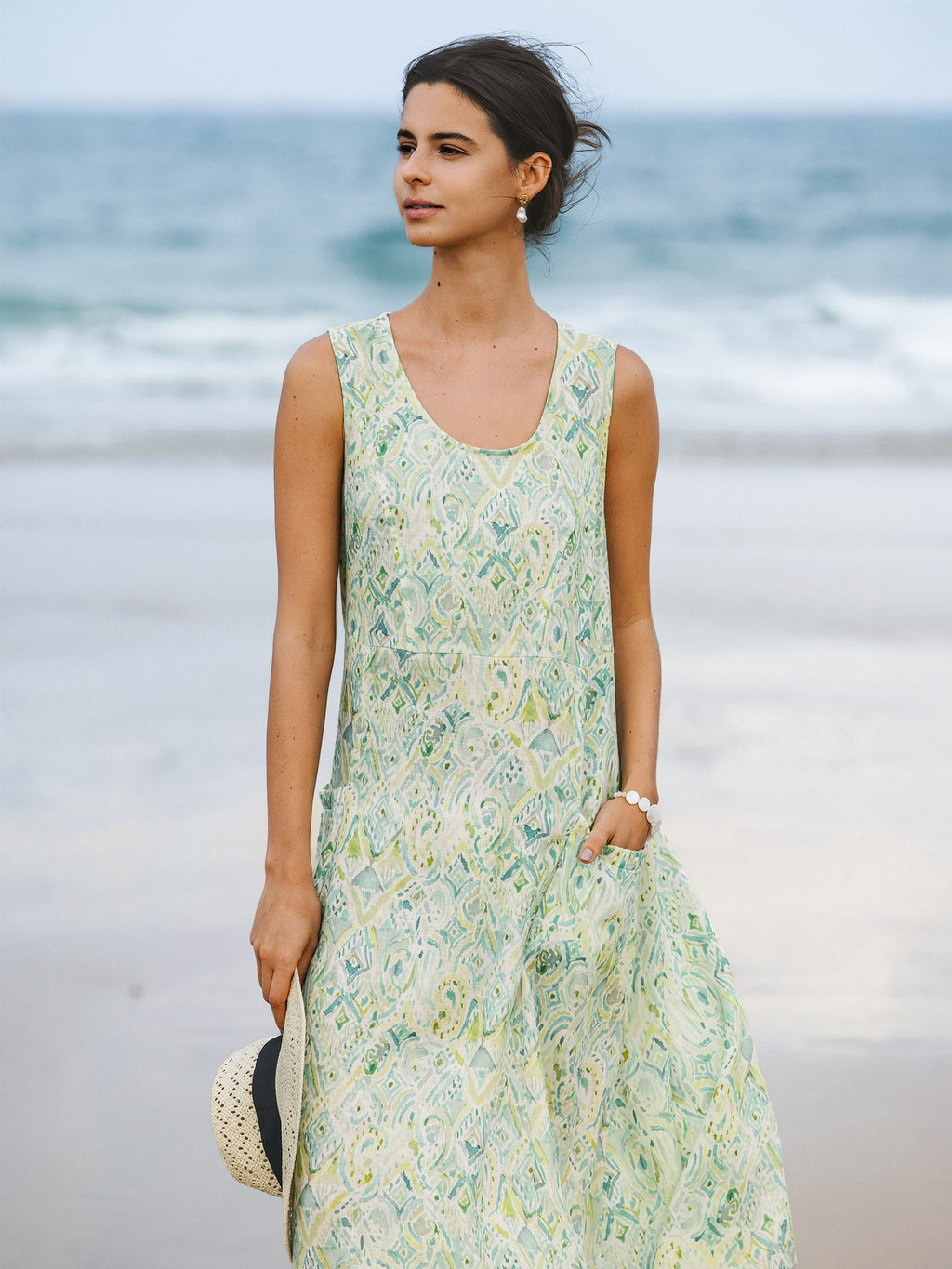LINTICO 100% Linen Floral Swing Beach Tank Dress LORRAINE — detail close-up