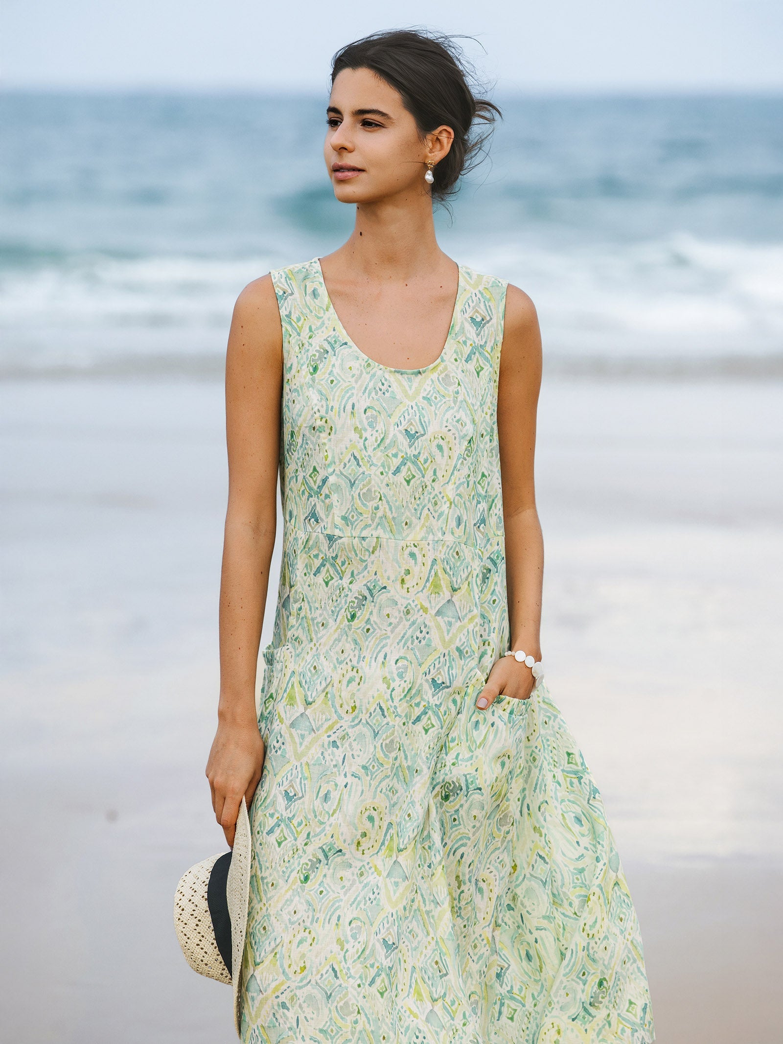 LINTICO 100% Linen Floral Swing Beach Tank Dress LORRAINE — detail close-up