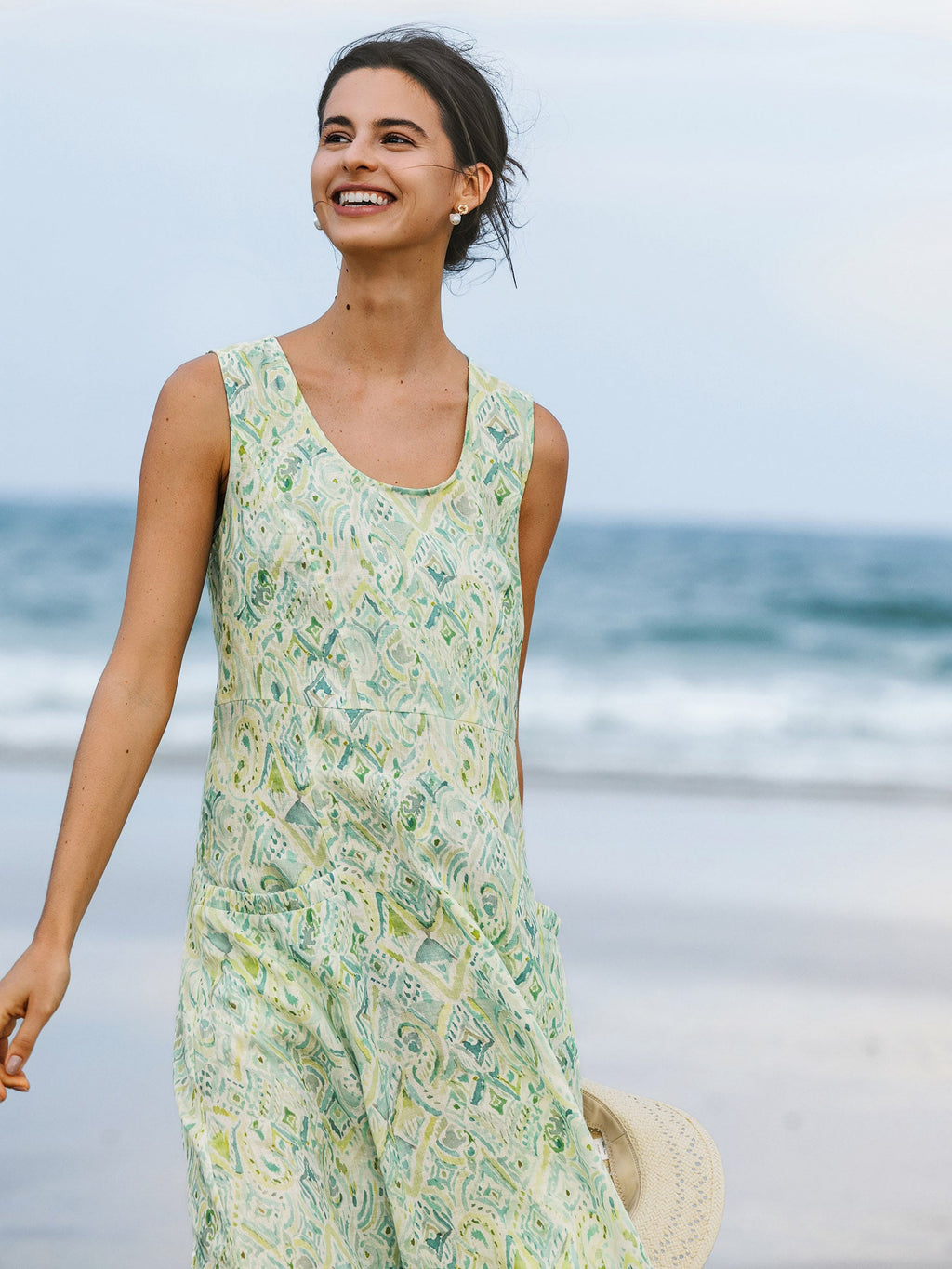 LINTICO 100% Linen Floral Swing Beach Tank Dress LORRAINE — product on model