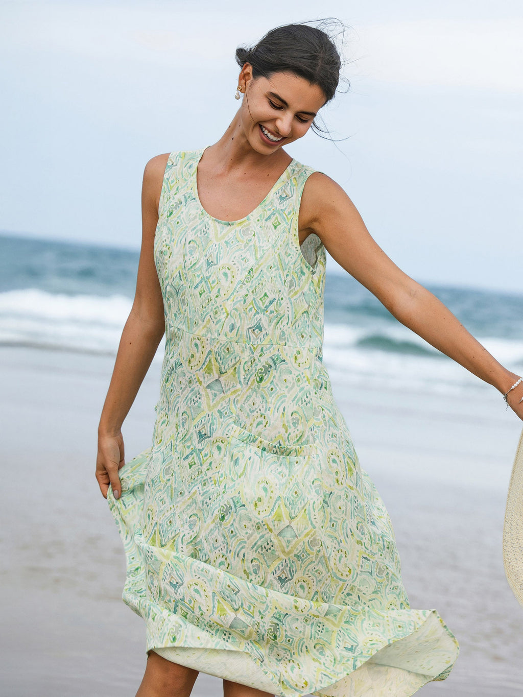 LINTICO 100% Linen Floral Swing Beach Tank Dress LORRAINE — fabric or material detail