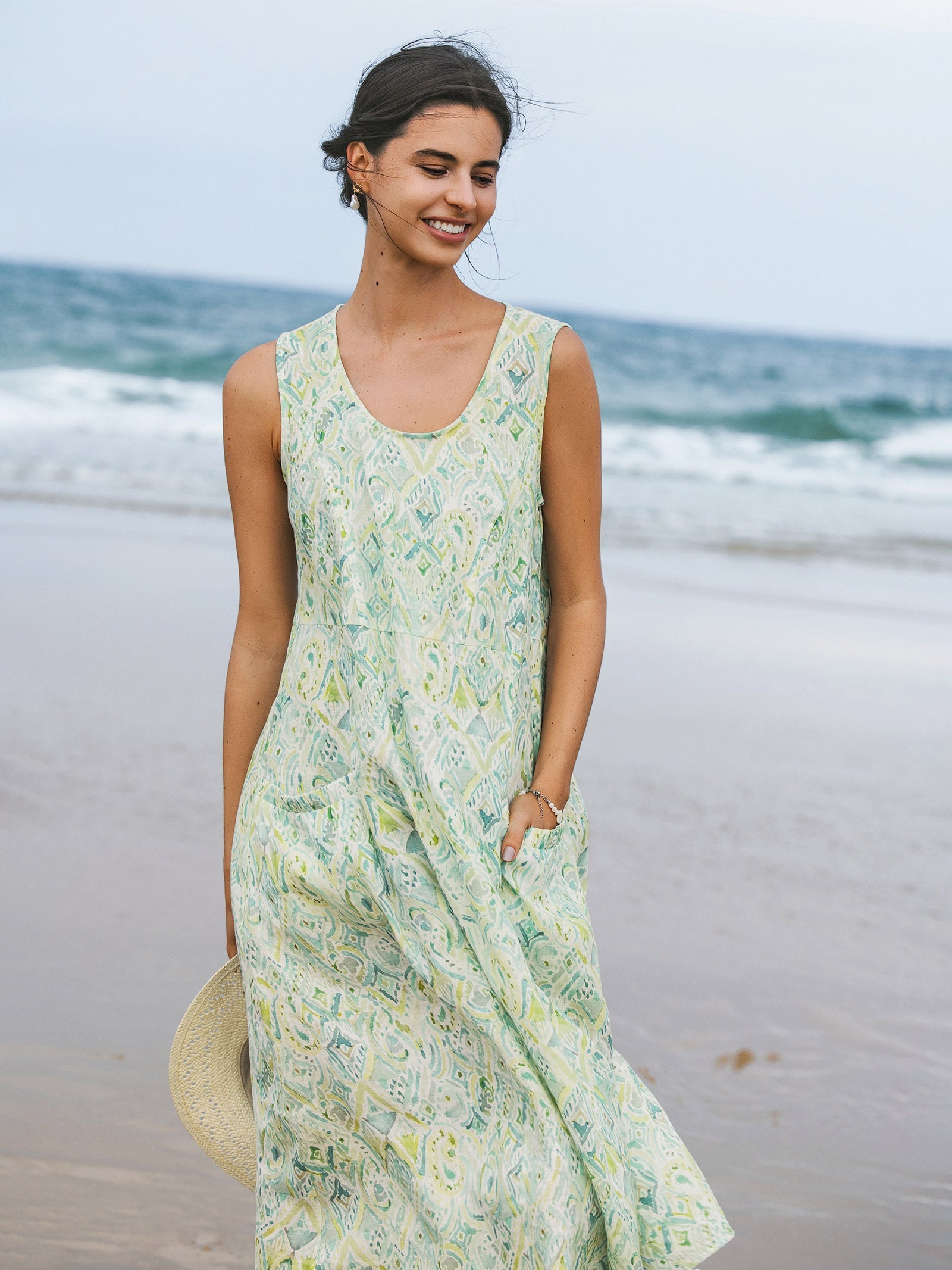 LINTICO 100% Linen Floral Swing Beach Tank Dress LORRAINE — feature highlight