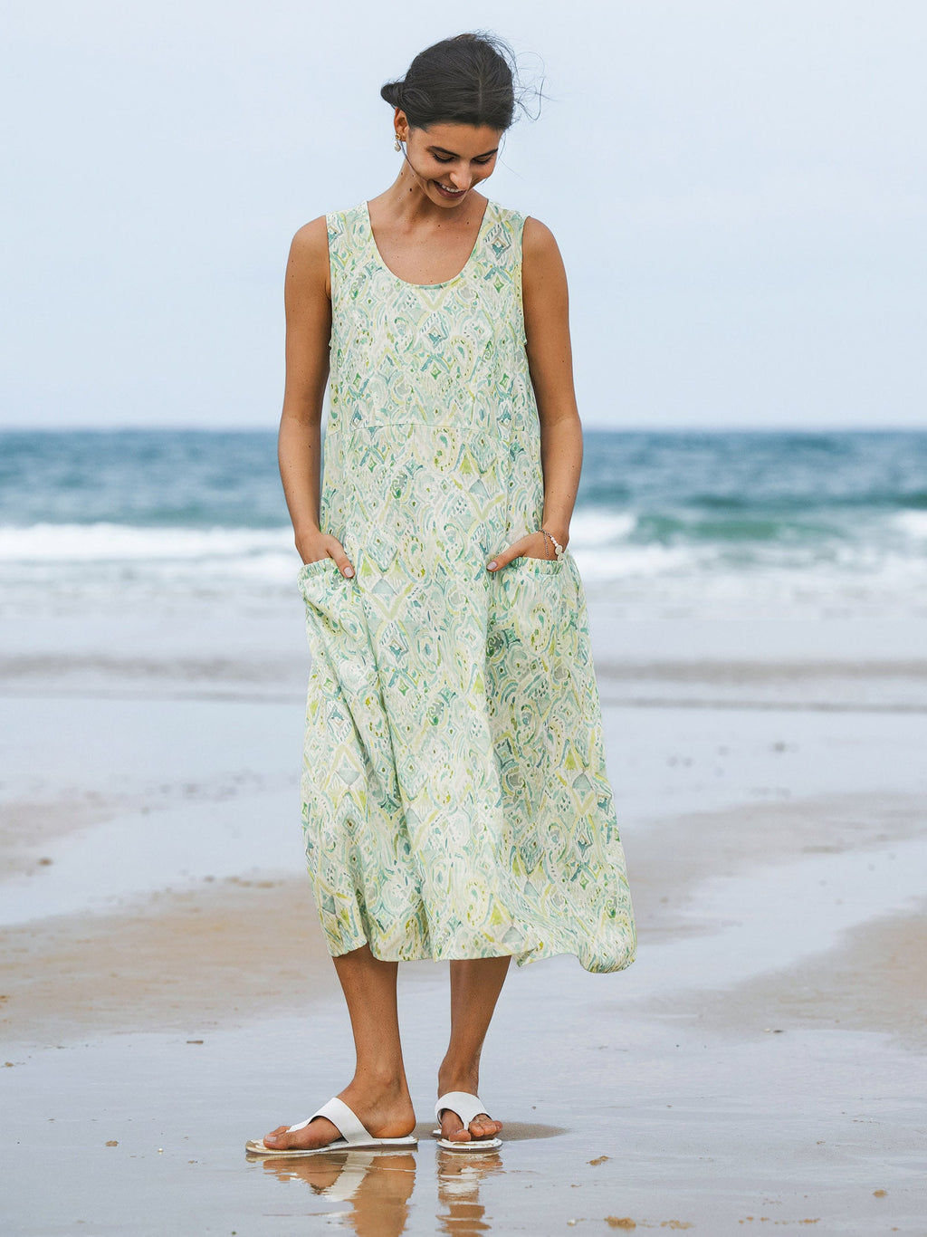 LINTICO 100% Linen Floral Swing Beach Tank Dress LORRAINE — flat-lay composition