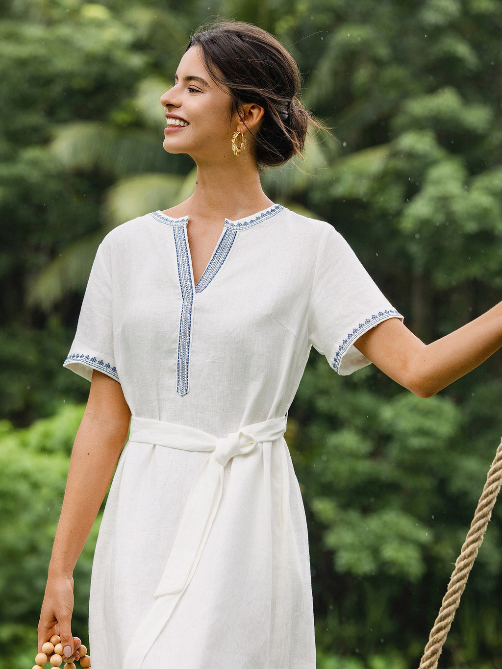 LINTICO 100% Linen Embroidered V-Neck Midi Dress with Belt FELLIS — flat-lay composition