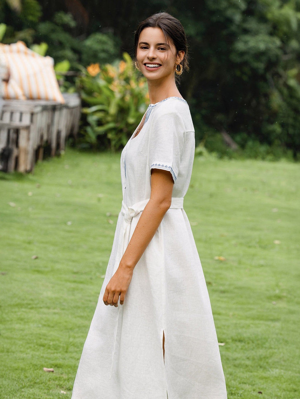LINTICO 100% Linen Embroidered V-Neck Midi Dress with Belt FELLIS — fabric or material detail