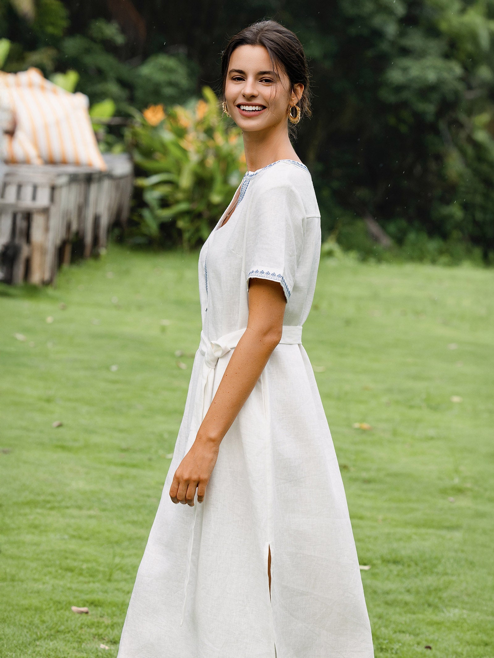 LINTICO 100% Linen Embroidered V-Neck Midi Dress with Belt FELLIS — fabric or material detail