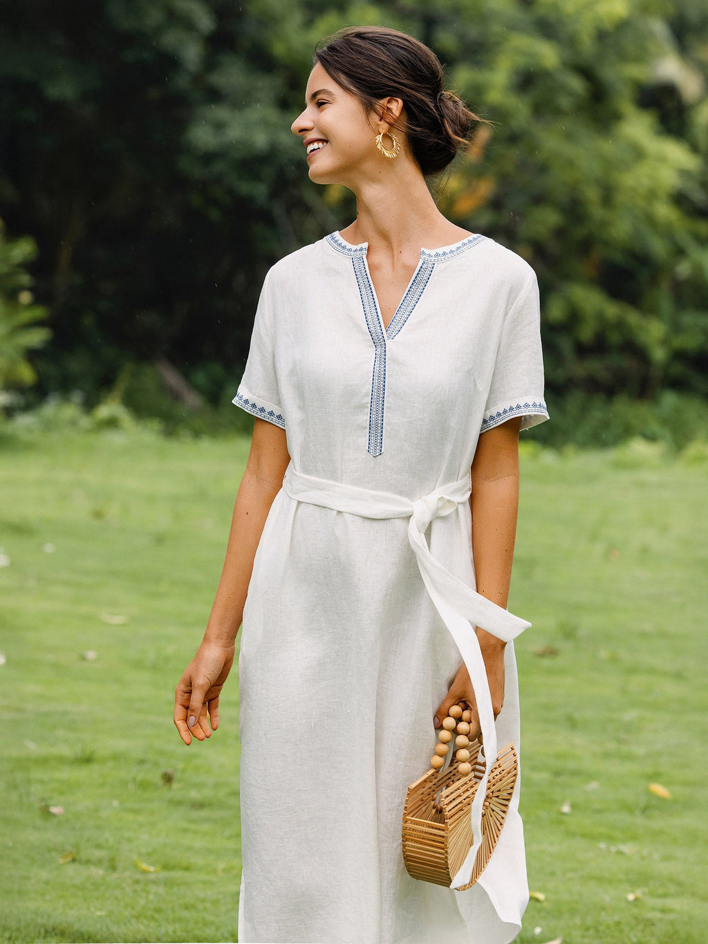 LINTICO 100% Linen Embroidered V-Neck Midi Dress with Belt FELLIS — product on model