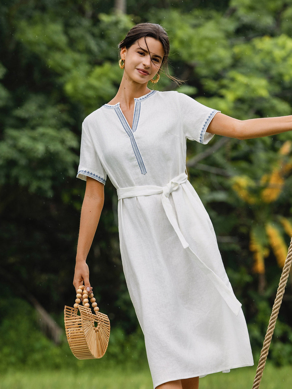 LINTICO 100% Linen Embroidered V-Neck Midi Dress with Belt FELLIS — dresses-midi dresses-linen category context