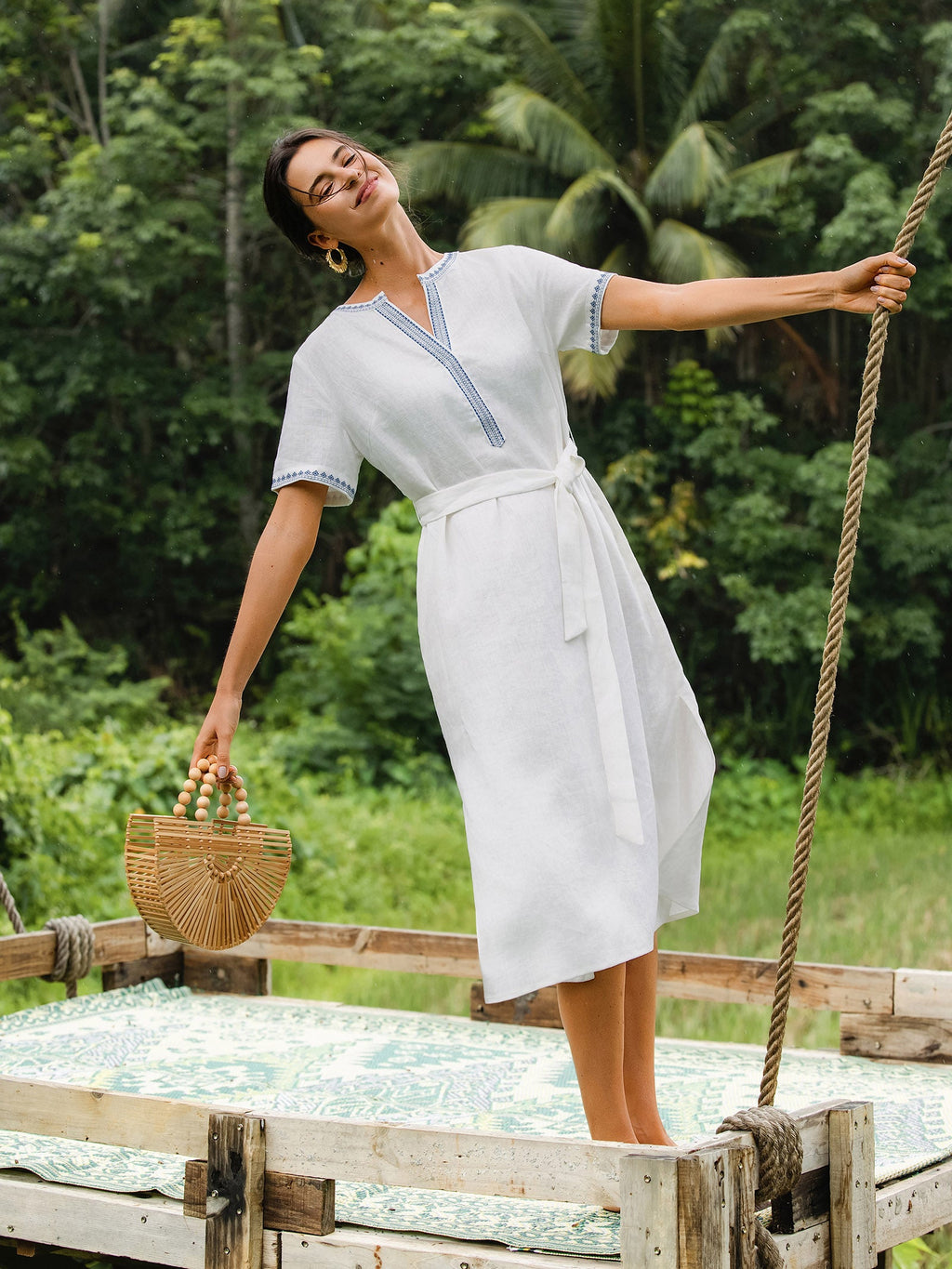 LINTICO 100% Linen Embroidered V-Neck Midi Dress with Belt FELLIS — feature highlight