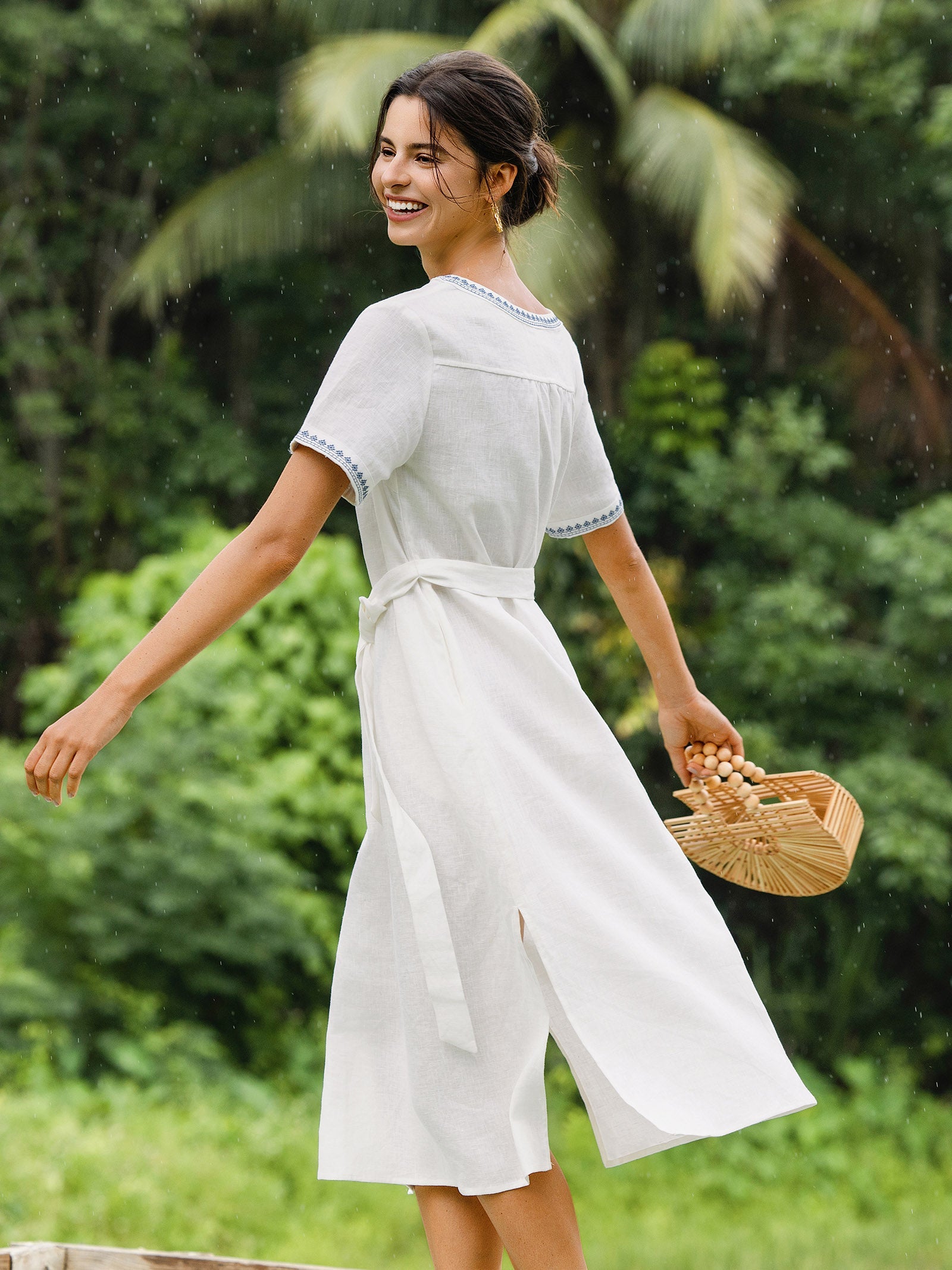 LINTICO 100% Linen Embroidered V-Neck Midi Dress with Belt FELLIS — detail shot 10
