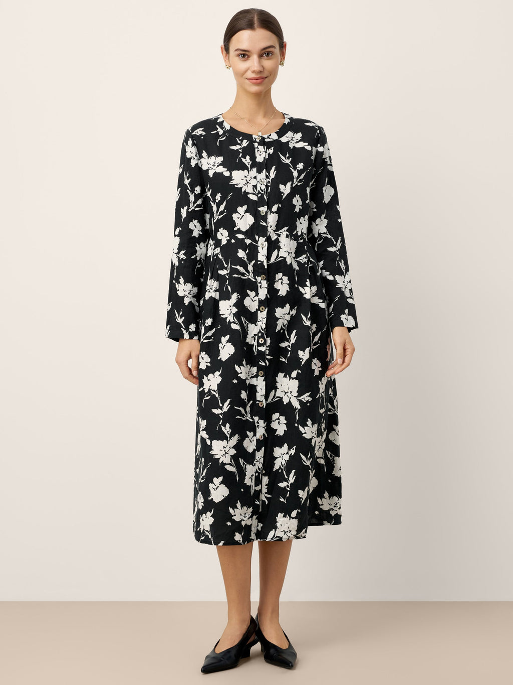 LINTICO 100% Linen Floral Printed Gathered Maxi Dress ELODIE — main product shot