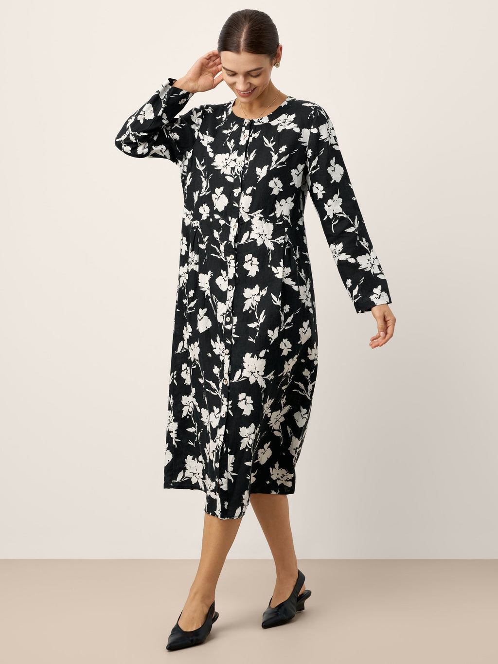 LINTICO 100% Linen Floral Printed Gathered Maxi Dress ELODIE — lifestyle worn / used context