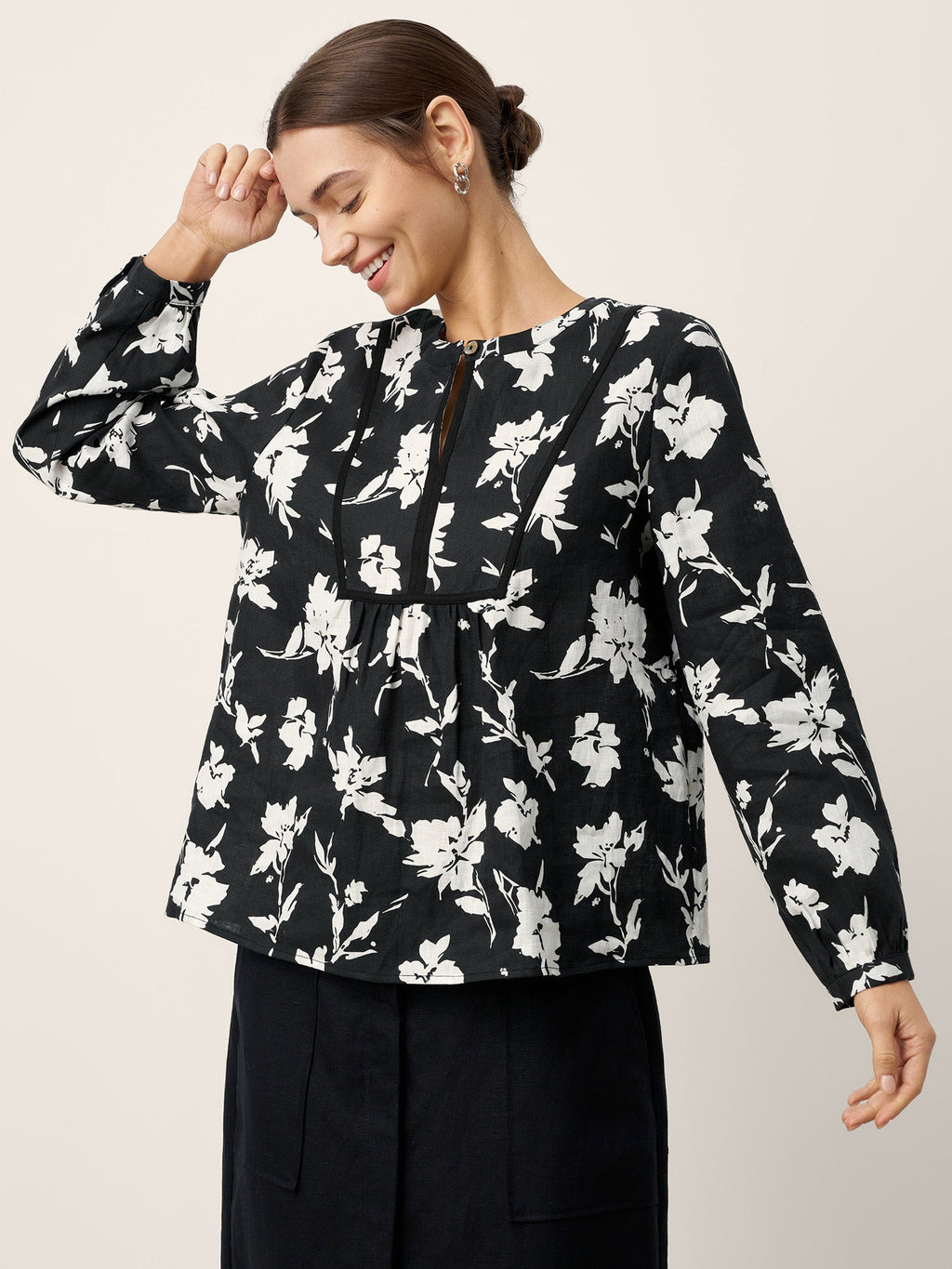 LINTICO 100% Linen Floral Printed Gathered Pullover Top AMIYA — tops-blouses-linen category context