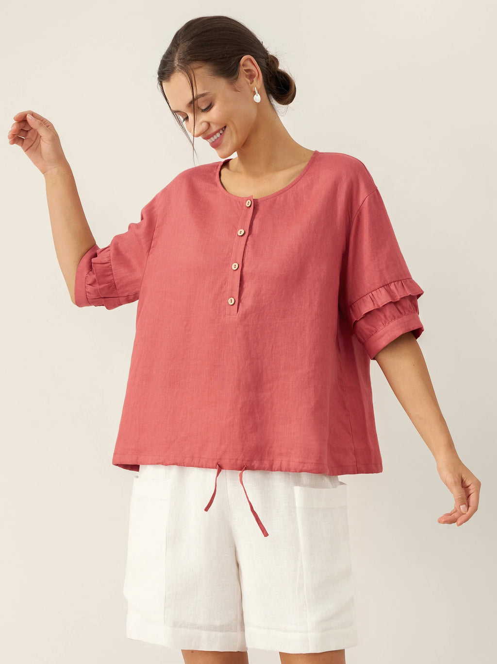 LINTICO 100% Linen Flutter Sleeve Drawstring Top ZOEY — LINTICO branding close-up