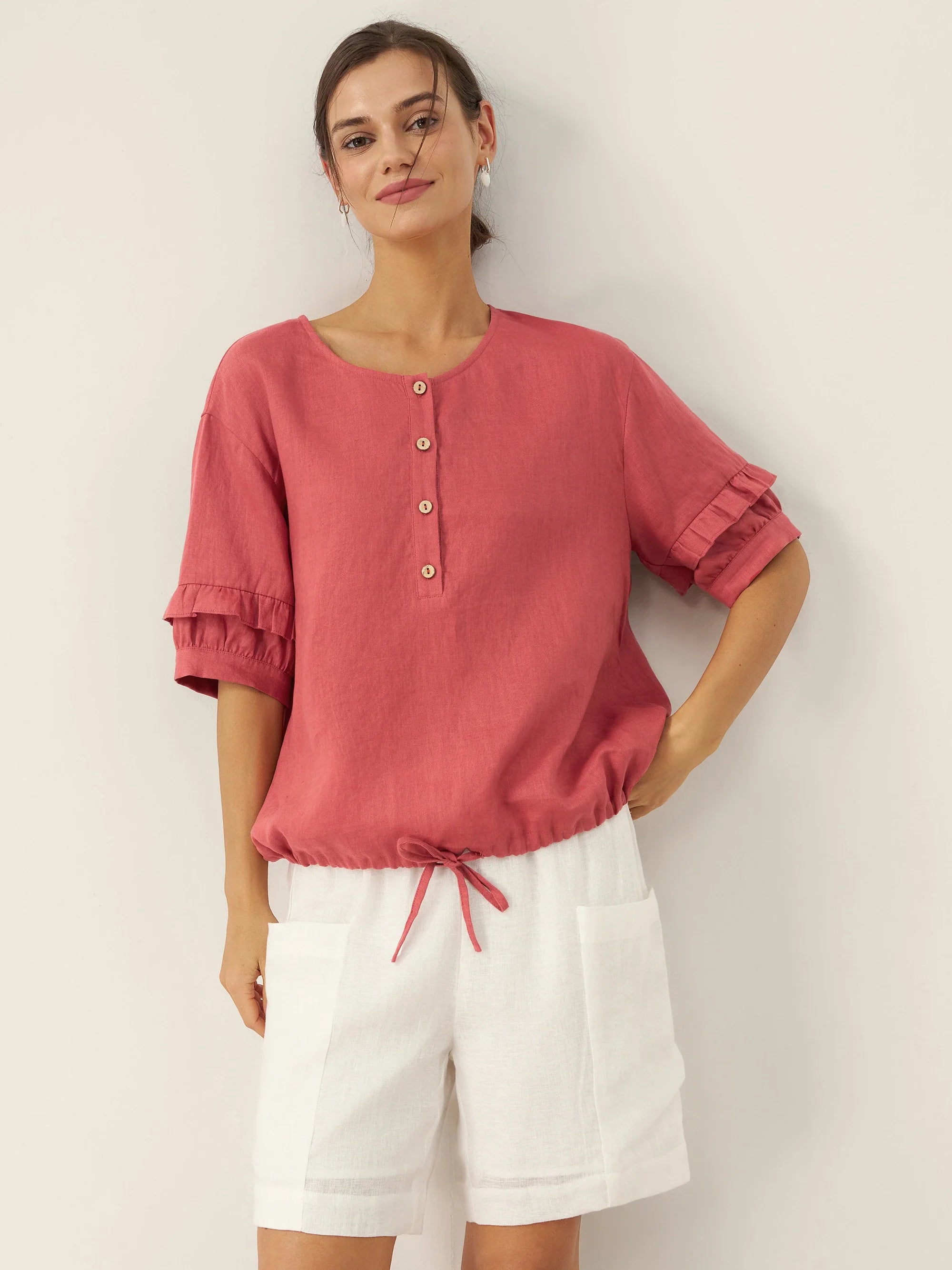 LINTICO 100% Linen Flutter Sleeve Drawstring Top ZOEY — main product shot