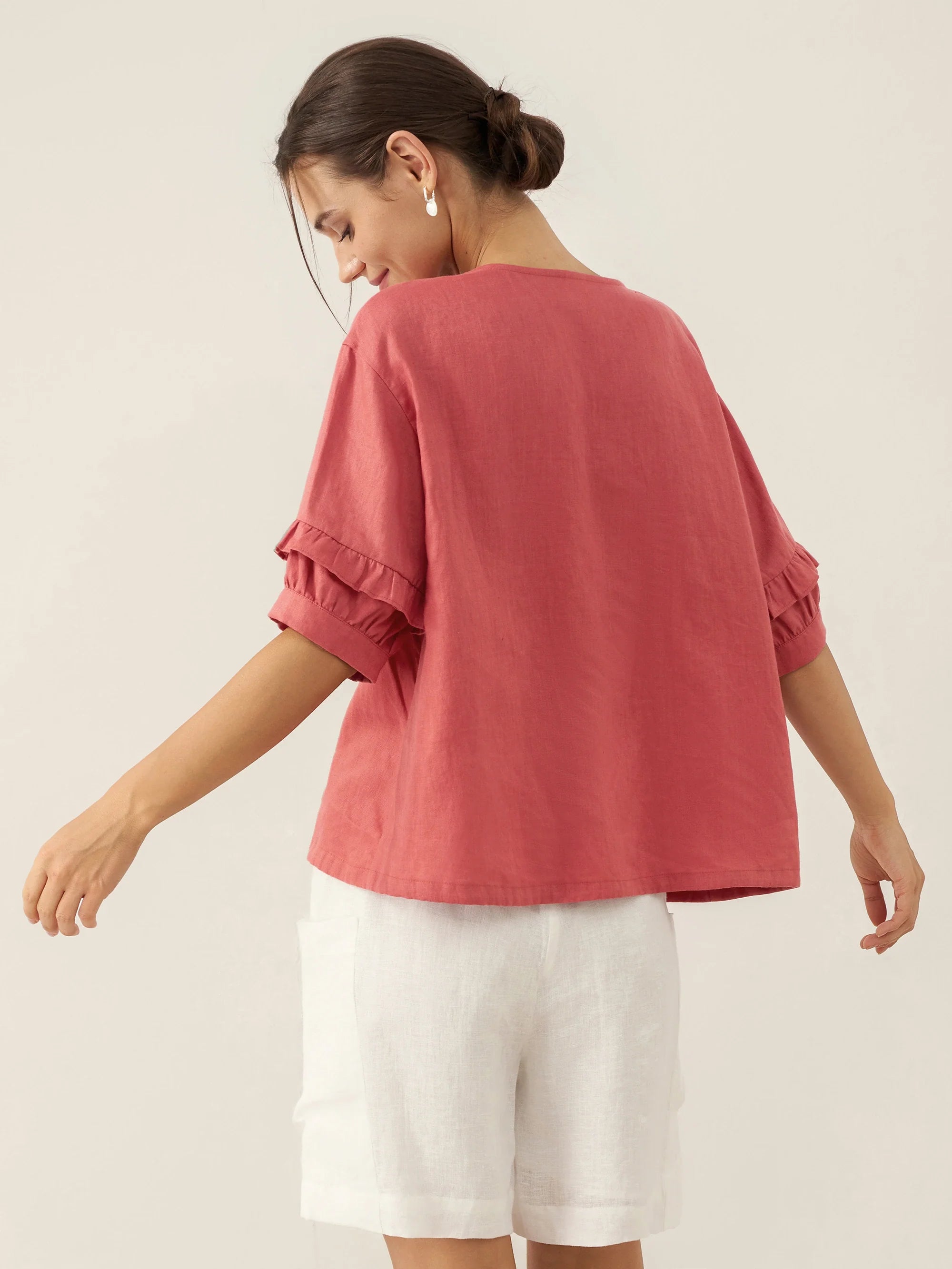 LINTICO 100% Linen Flutter Sleeve Drawstring Top ZOEY — construction detail