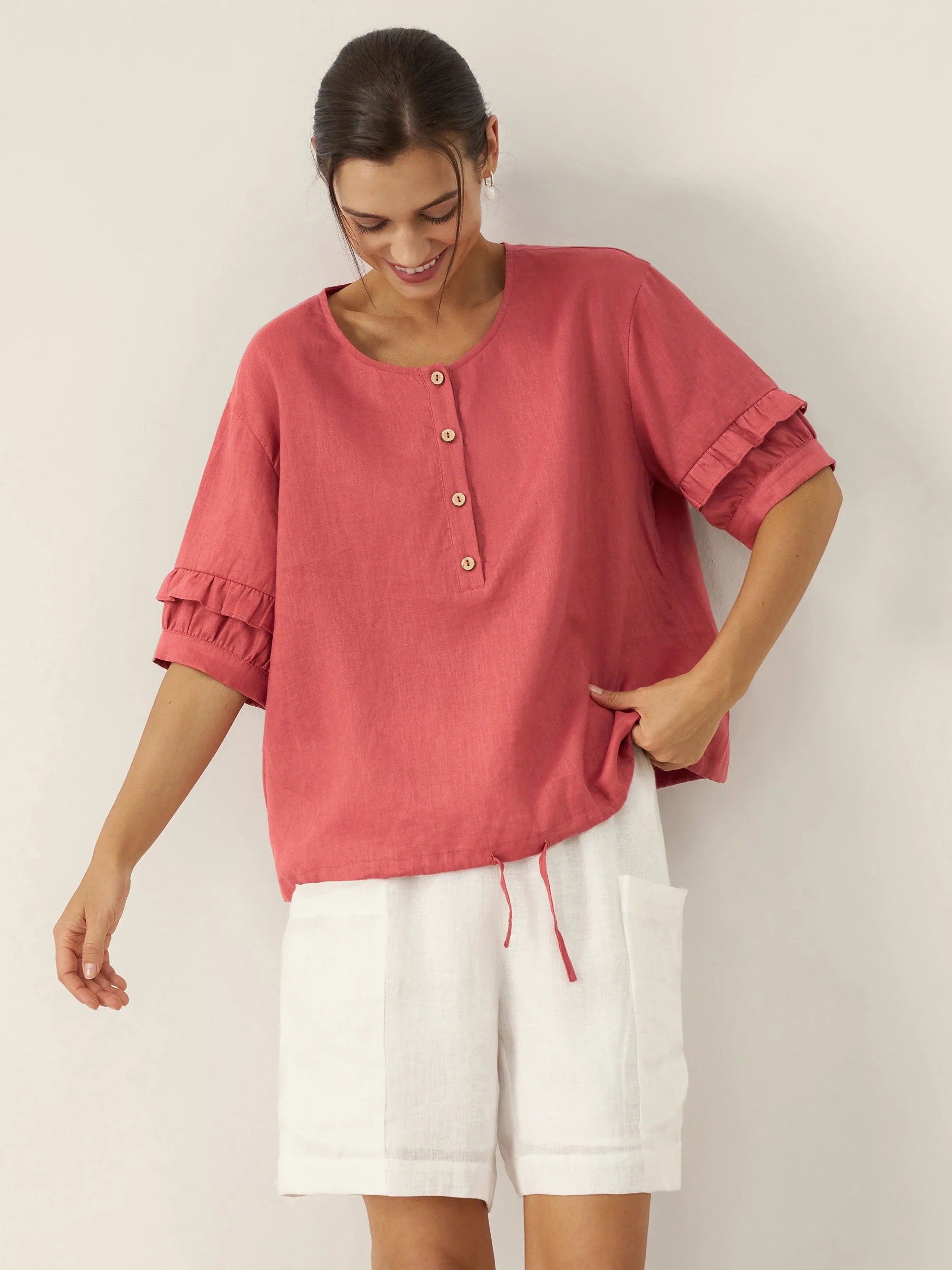 LINTICO 100% Linen Flutter Sleeve Drawstring Top ZOEY — tops-shirts-linen category context