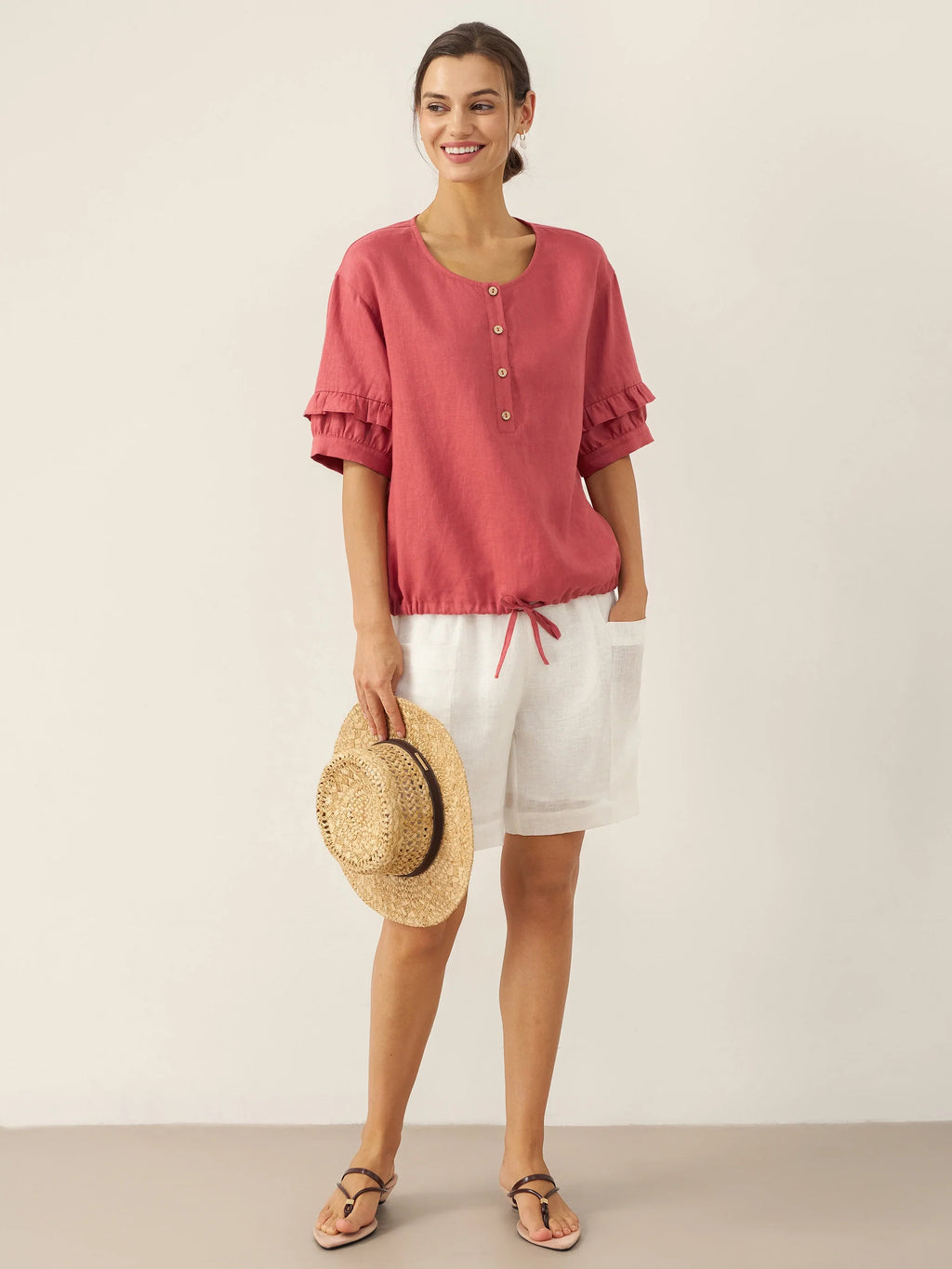 LINTICO 100% Linen Flutter Sleeve Drawstring Top ZOEY — lifestyle worn / used context