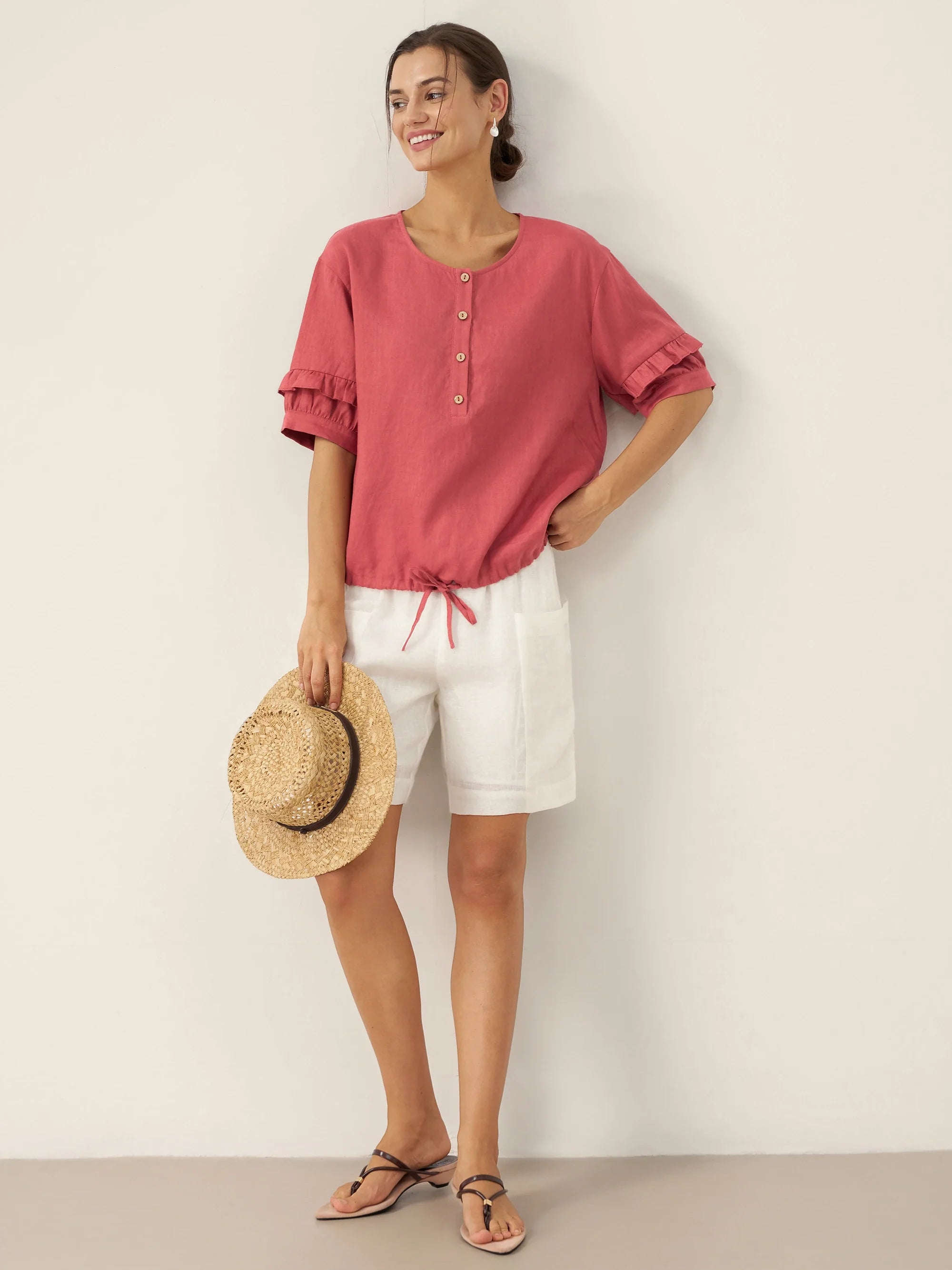 LINTICO 100% Linen Flutter Sleeve Drawstring Top ZOEY — detail shot 6