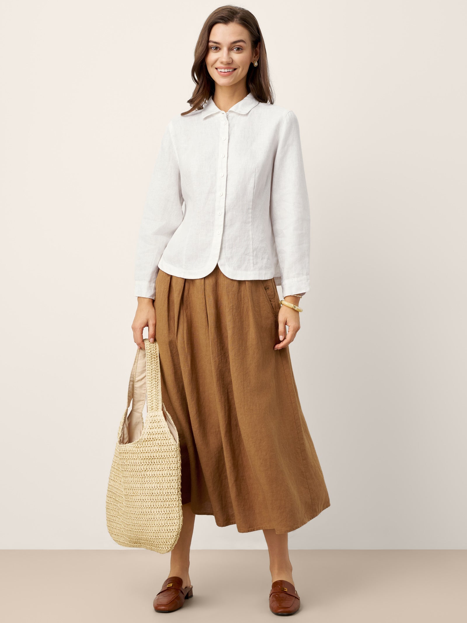 LINTICO 100% Linen Small Collar Curved Hem Tailored Shirt AVELINE — detail shot 8