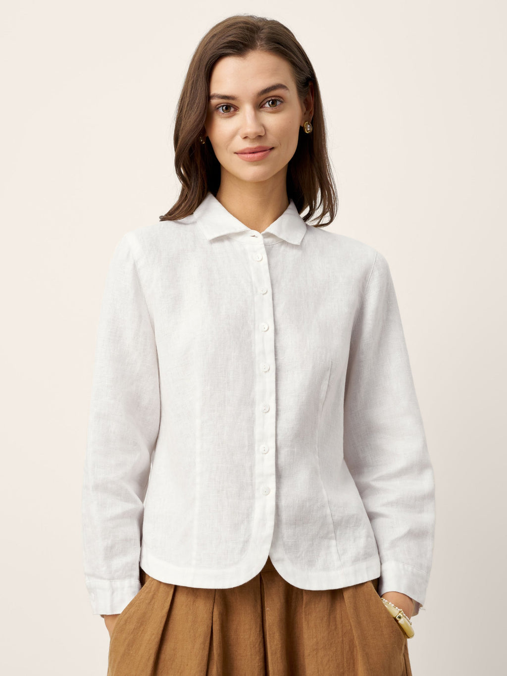 LINTICO 100% Linen Small Collar Curved Hem Tailored Shirt AVELINE — main product shot
