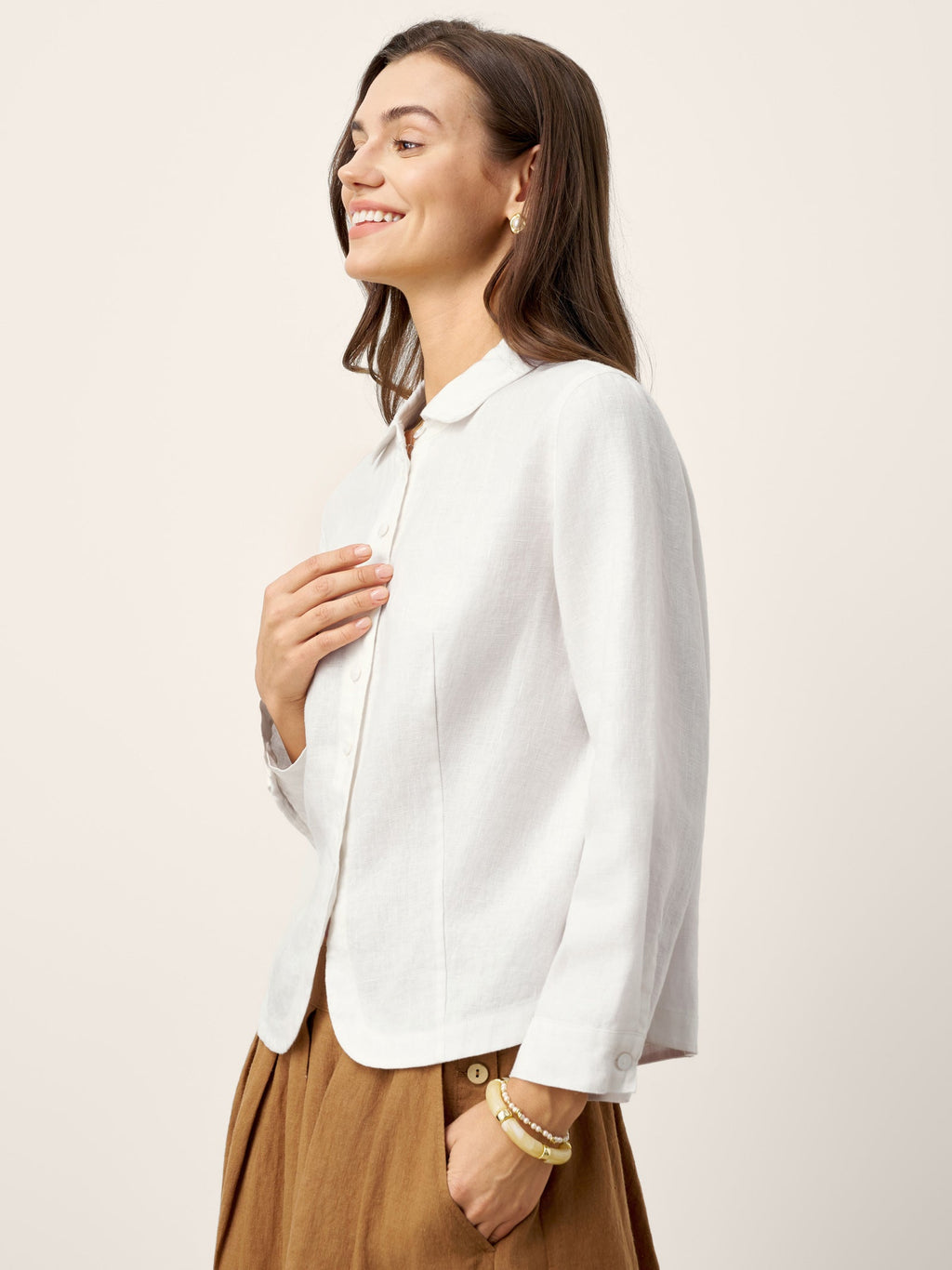 LINTICO 100% Linen Small Collar Curved Hem Tailored Shirt AVELINE — lifestyle worn / used context