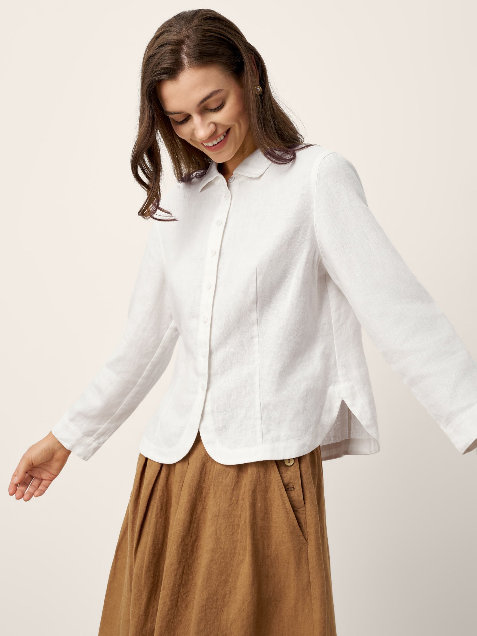 LINTICO 100% Linen Small Collar Curved Hem Tailored Shirt AVELINE — tops-shirts-linen category context