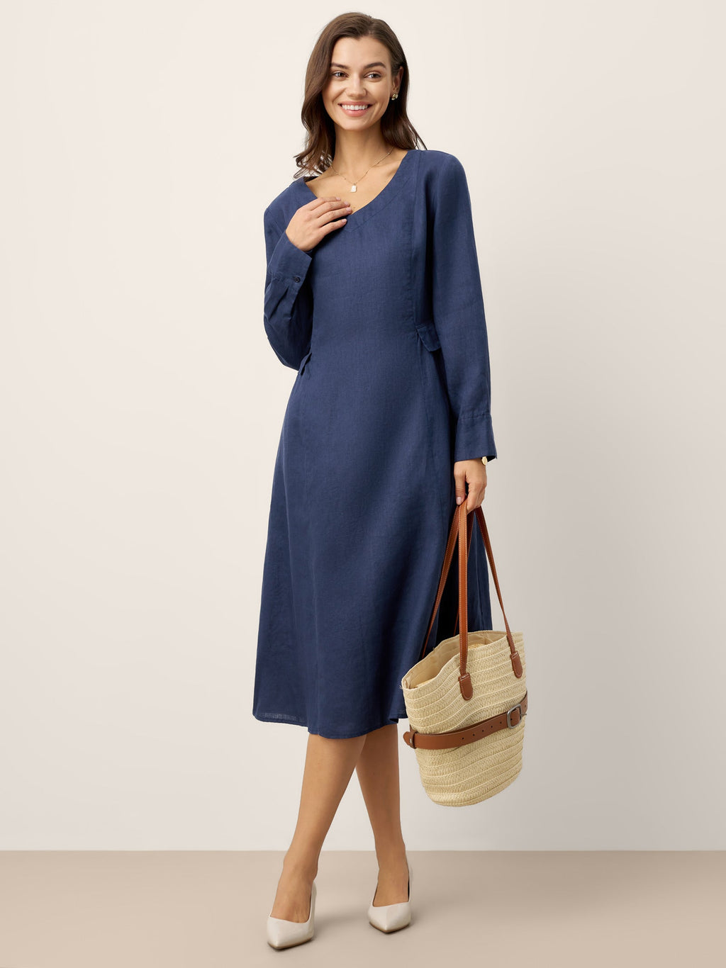 LINTICO 100% Linen Gathered Waist Flap Detail Midi Dress DIANA — detail shot 9