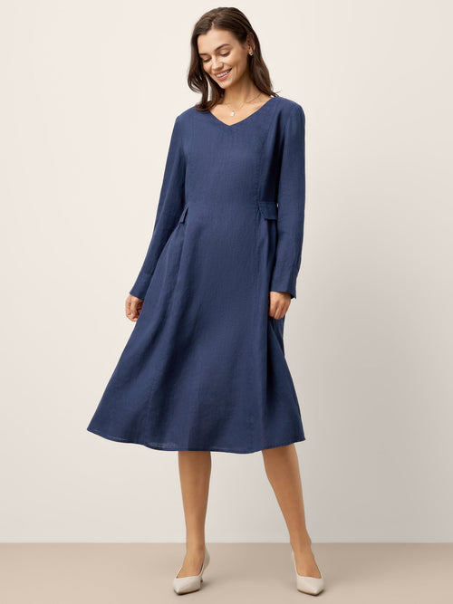 LINTICO 100% Linen Gathered Waist Flap Detail Midi Dress DIANA — main product shot