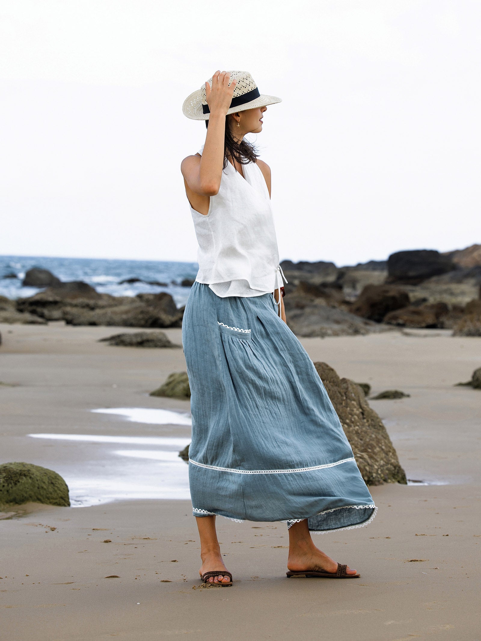 LINTICO 100% Linen Lace-Up Pocket Skirt FENLA — construction detail