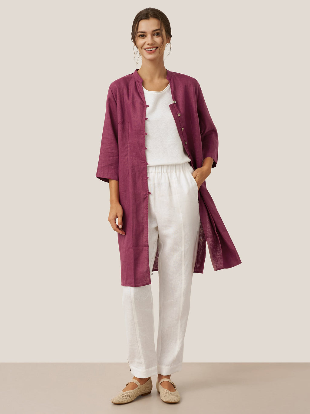 LINTICO 100% Linen Hand Button Long Top DILLON — main product shot