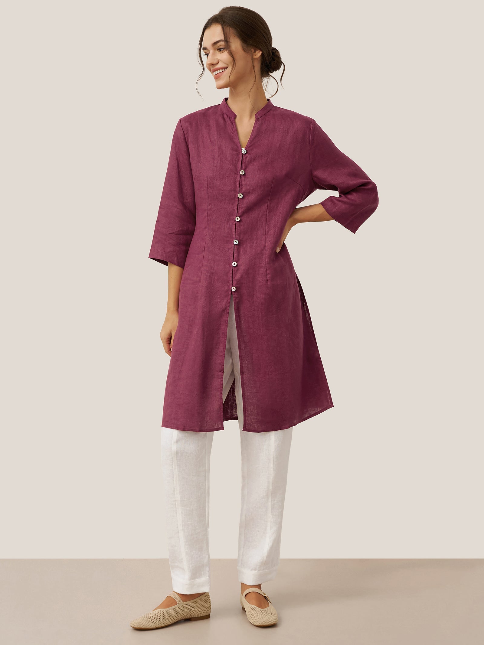 LINTICO 100% Linen Hand Button Long Top DILLON — detail shot 7