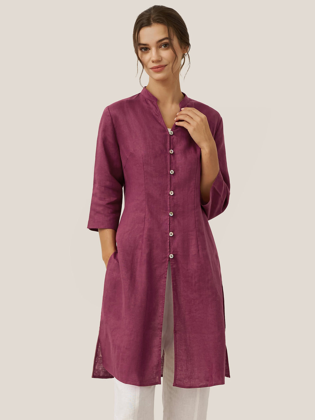 LINTICO 100% Linen Hand Button Long Top DILLON — main product shot