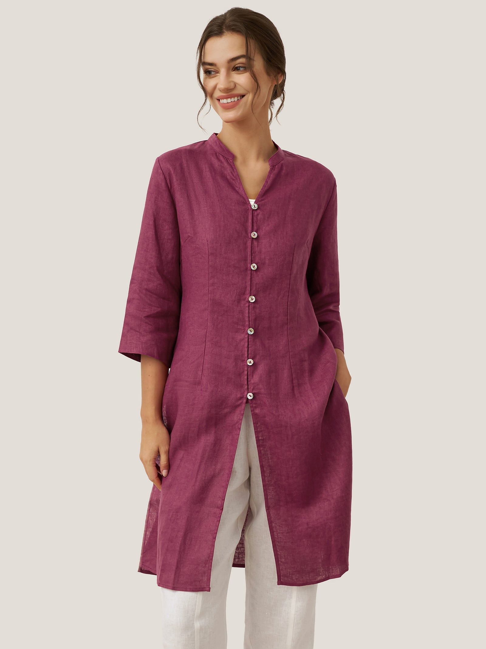 LINTICO 100% Linen Hand Button Long Top DILLON — feature highlight