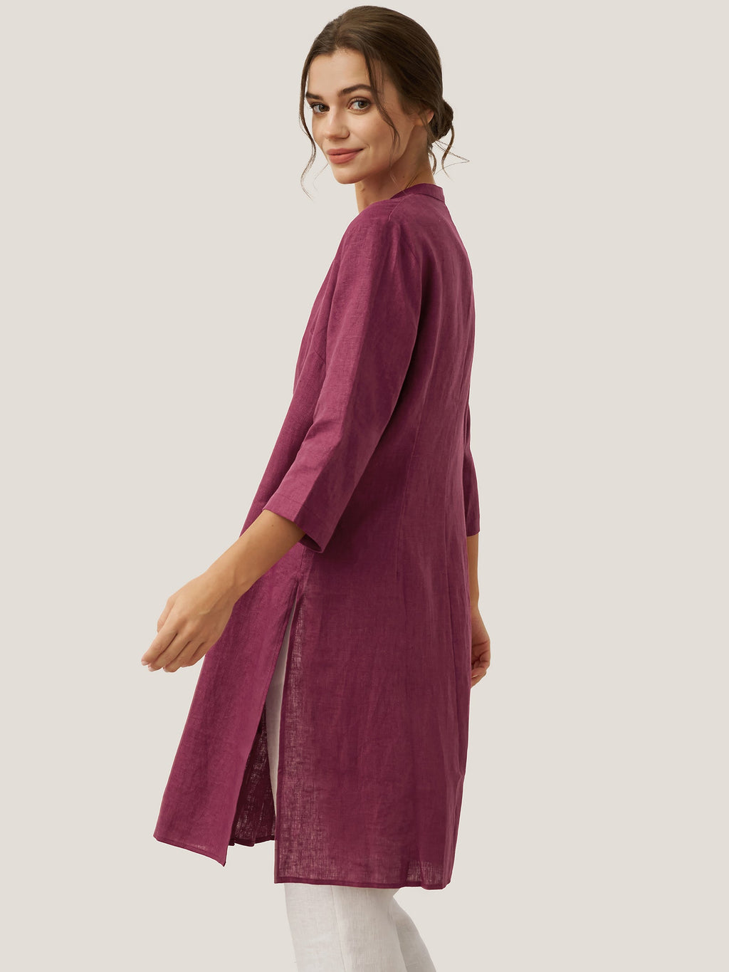 LINTICO 100% Linen Hand Button Long Top DILLON — fabric or material detail