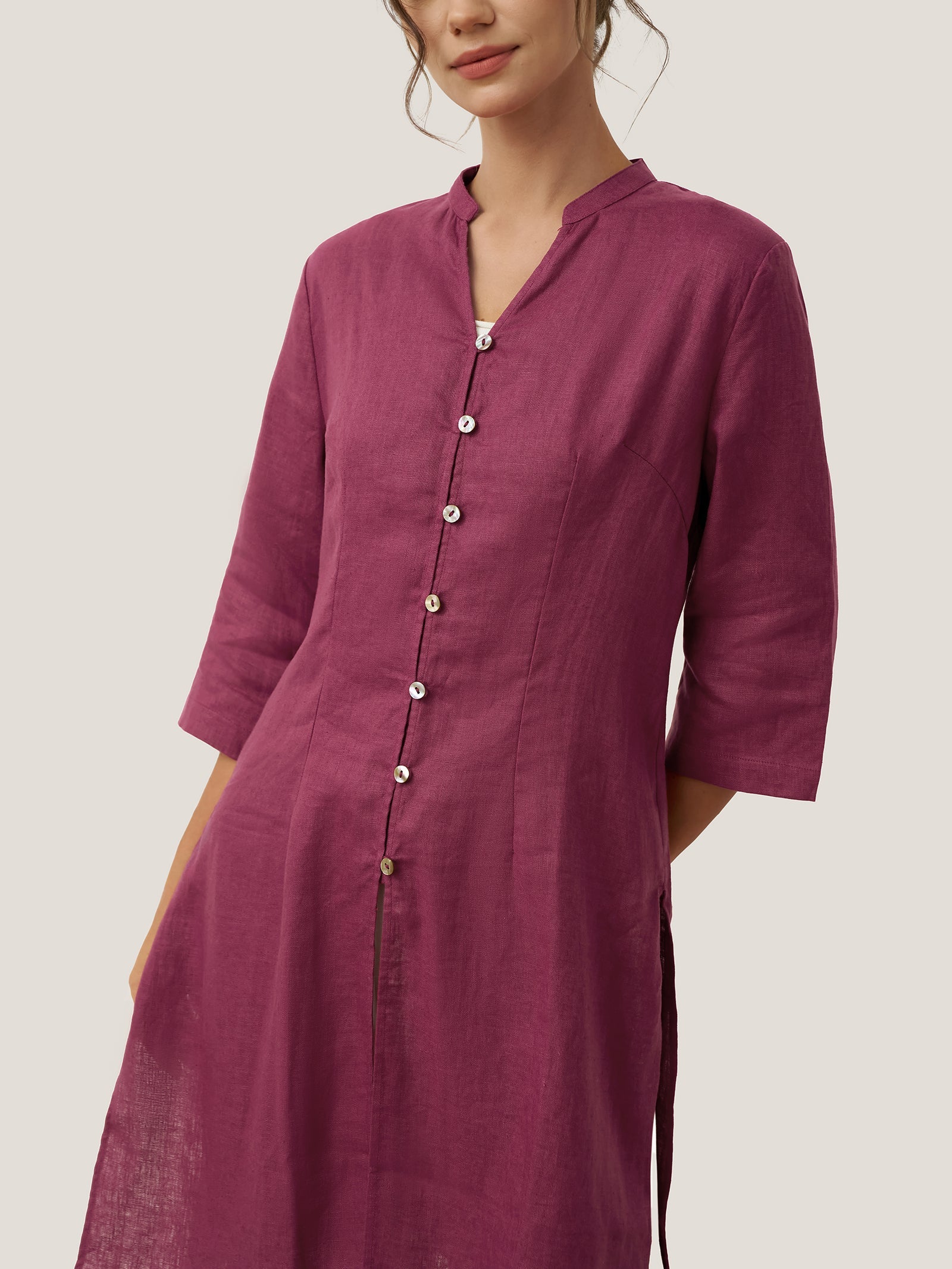 LINTICO 100% Linen Hand Button Long Top DILLON — feature highlight