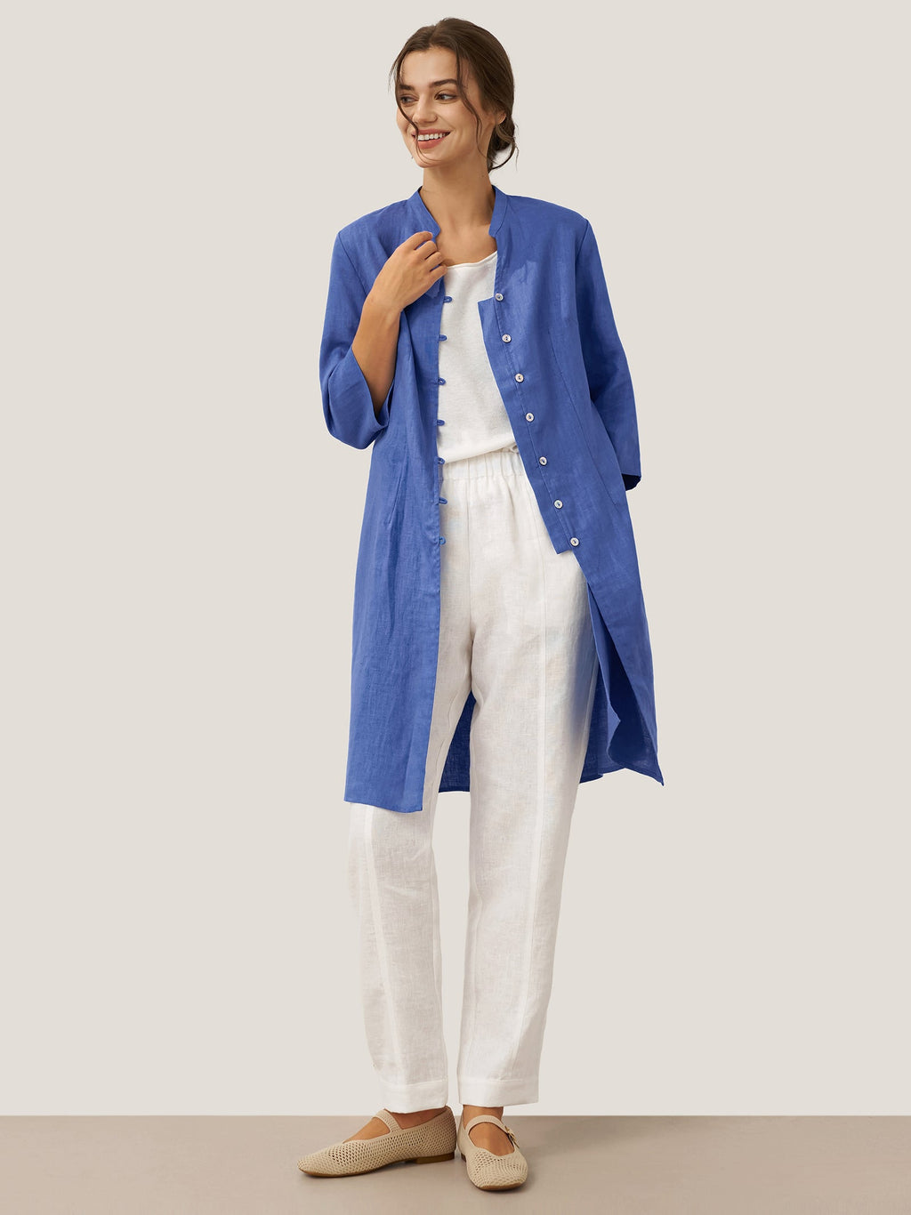 LINTICO 100% Linen Hand Button Long Top DILLON — fabric or material detail